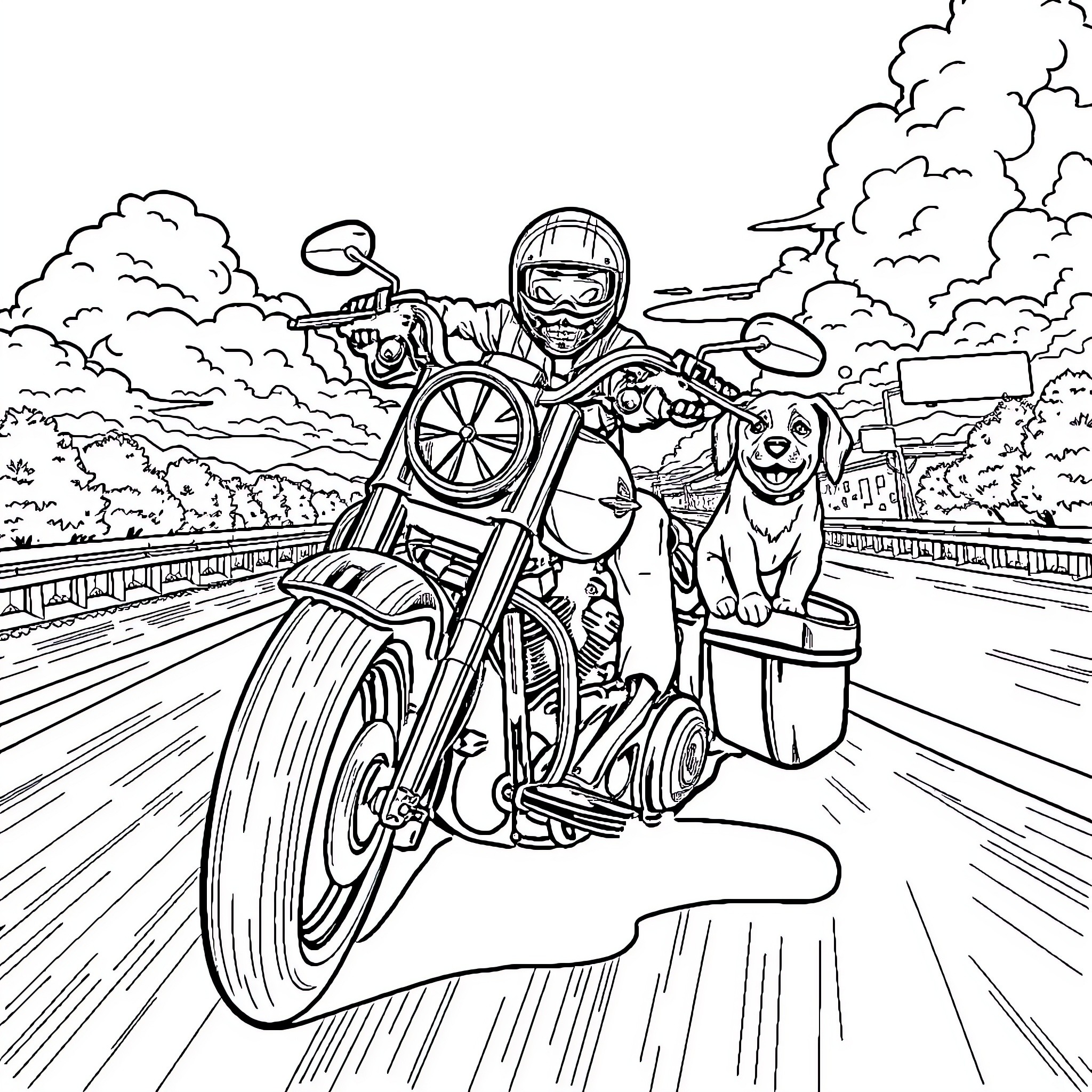 Motorcycle Rider and Furry Companion on the Open Road Coloring Page (free black-and-white line drawing printable PDF for all, from beginners to advanced learners, including children, teens, adults, and seniors)