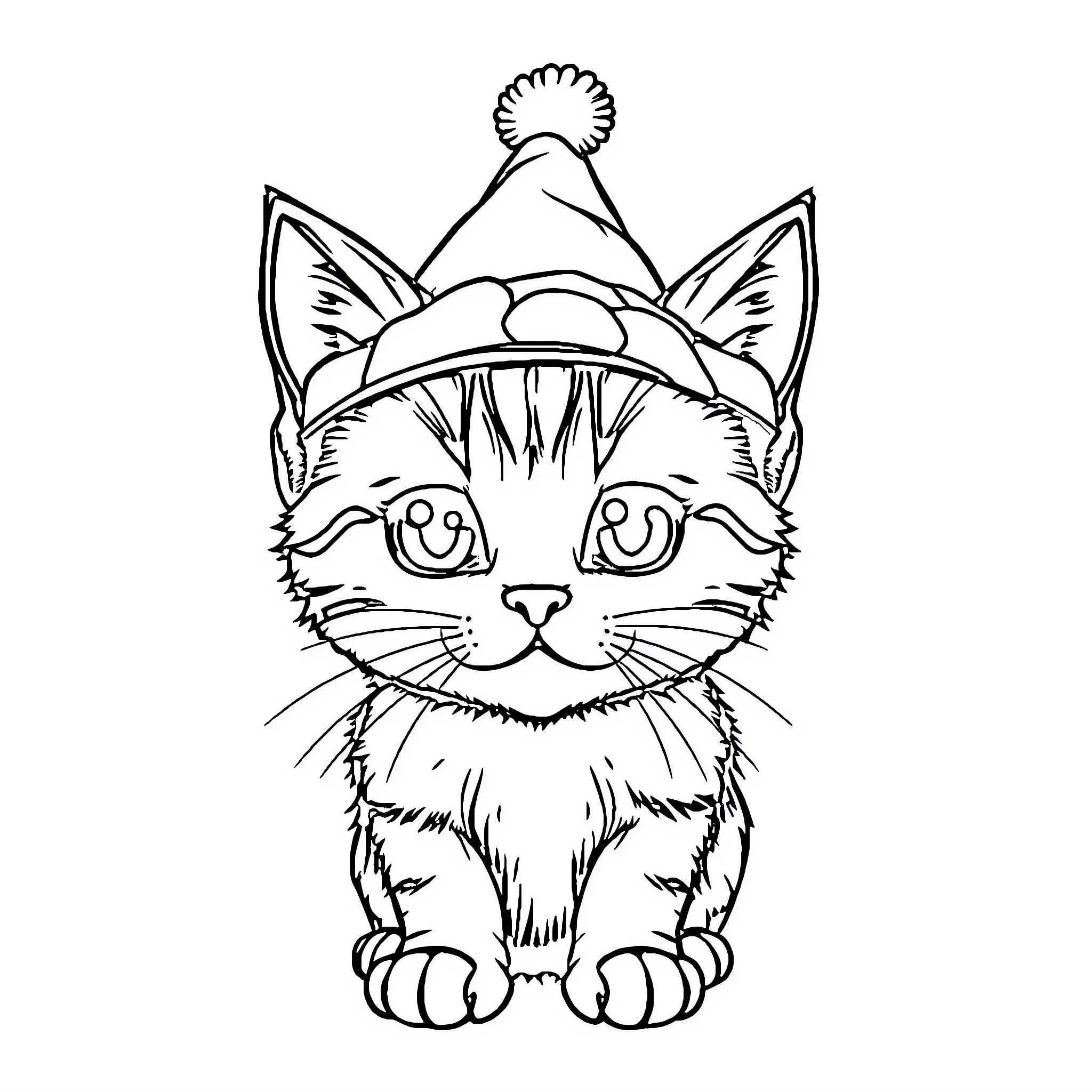 Cat wearing a funny hat Coloring Page (free black-and-white line drawing printable PDF for all, from beginners to advanced learners, including children, teens, adults, and seniors)