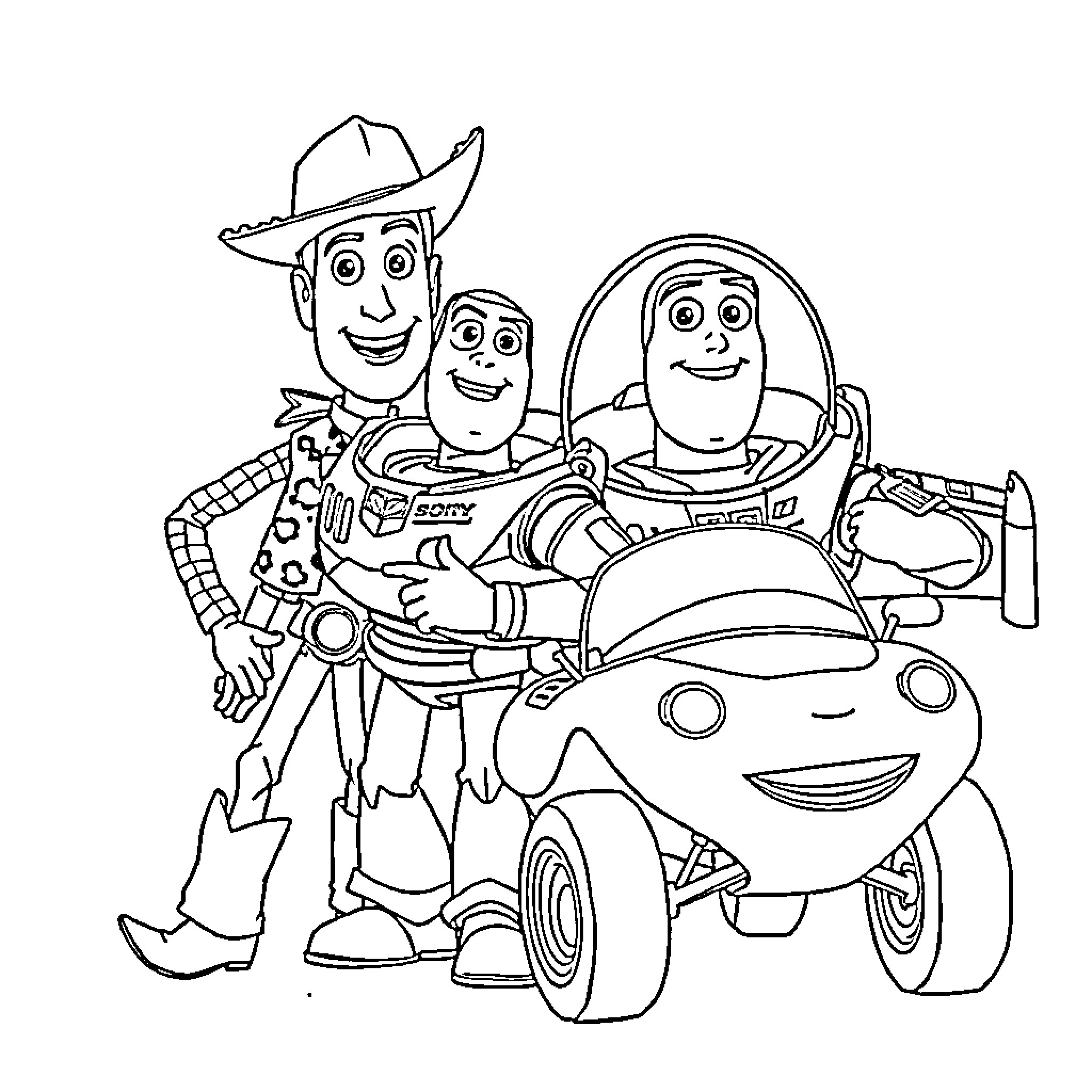 Toy Story Characters on a Wild Adventure Coloring Page (free black-and-white line drawing printable PDF for all, from beginners to advanced learners, including children, teens, adults, and seniors)