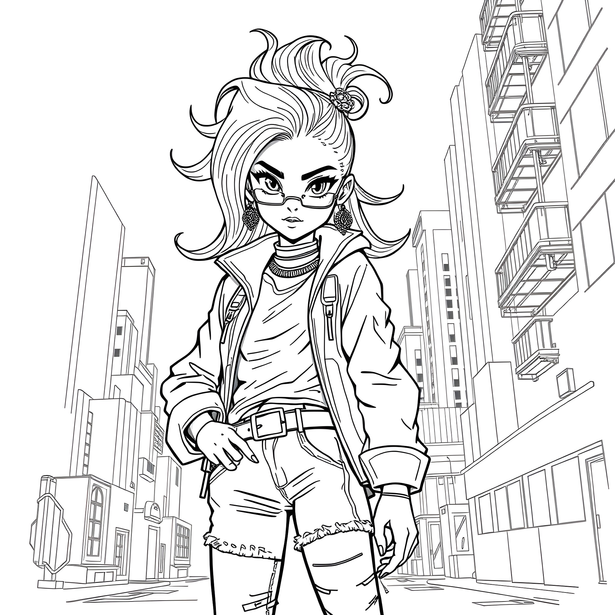 Anime Girl in Stylish Urban Outfit Coloring Page (free black-and-white line drawing printable PDF for all, from beginners to advanced learners, including children, teens, adults, and seniors)