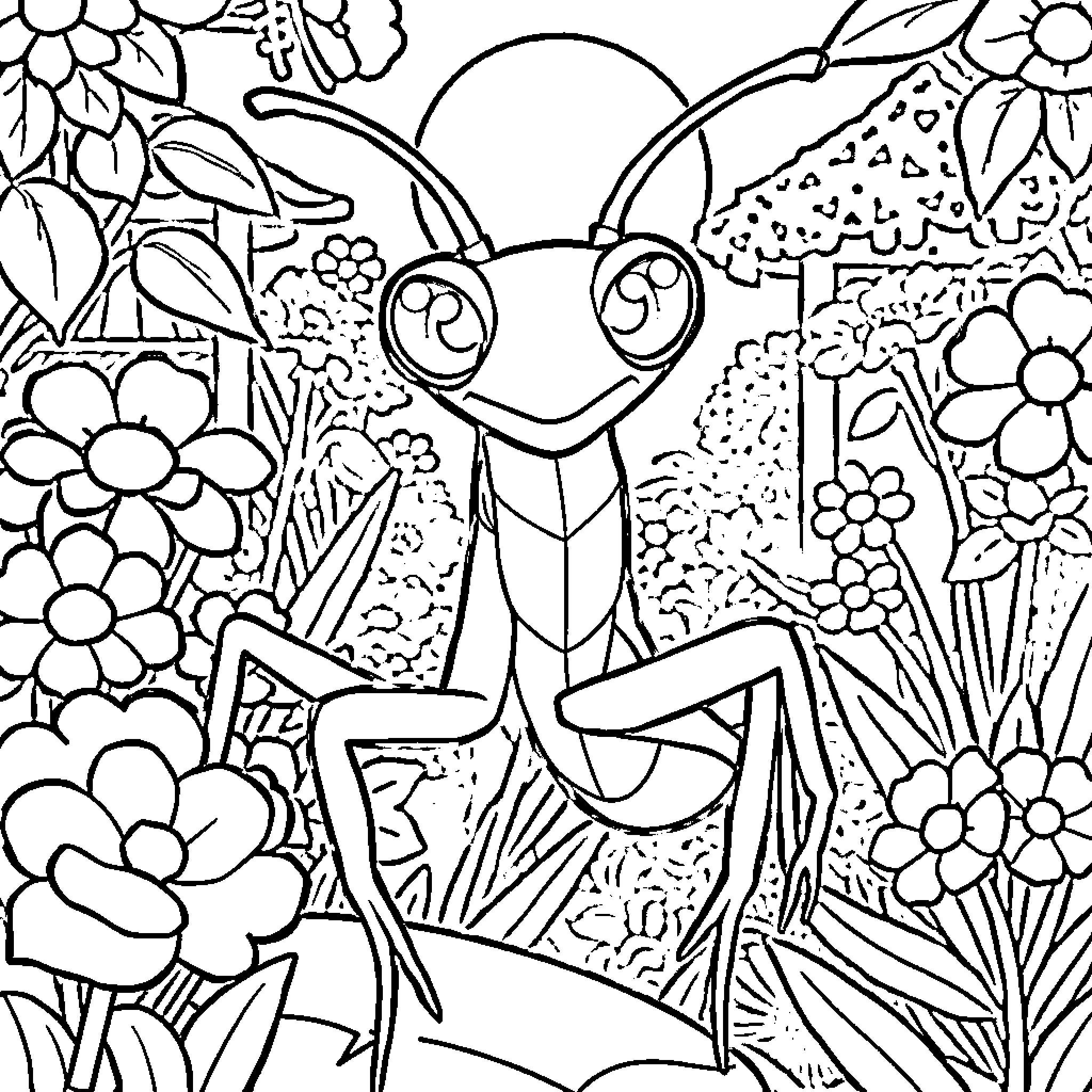Mantis Amid Floral Garden Coloring Page (free black-and-white line drawing printable PDF for all, from beginners to advanced learners, including children, teens, adults, and seniors)