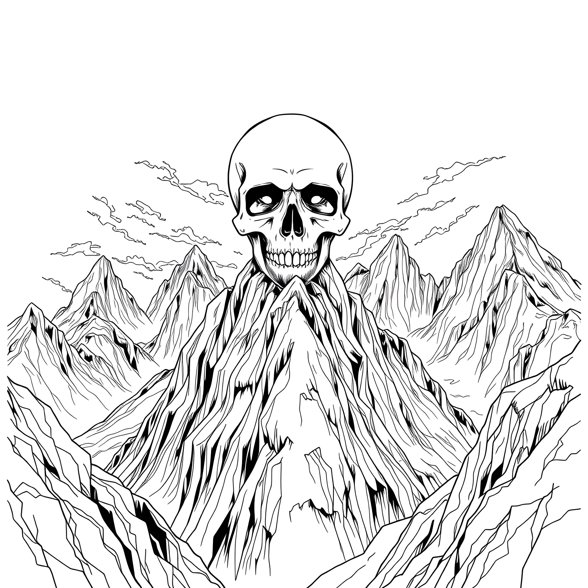 Skull emerging from mountainous landscape Coloring Page (free black-and-white line drawing printable PDF for all, from beginners to advanced learners, including children, teens, adults, and seniors)