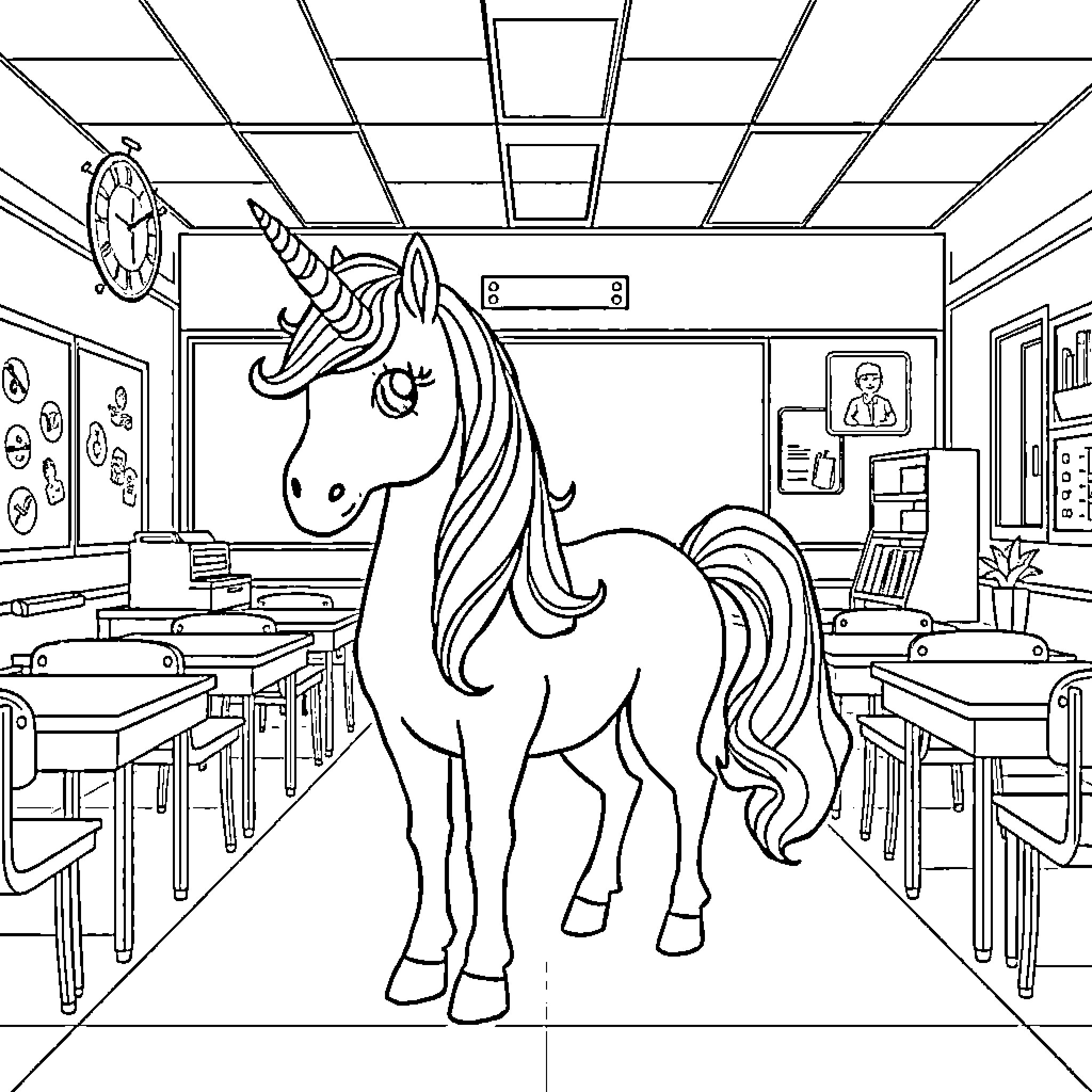 Unicorn in the Classroom Coloring Page (free black-and-white line drawing printable PDF for all, from beginners to advanced learners, including children, teens, adults, and seniors)