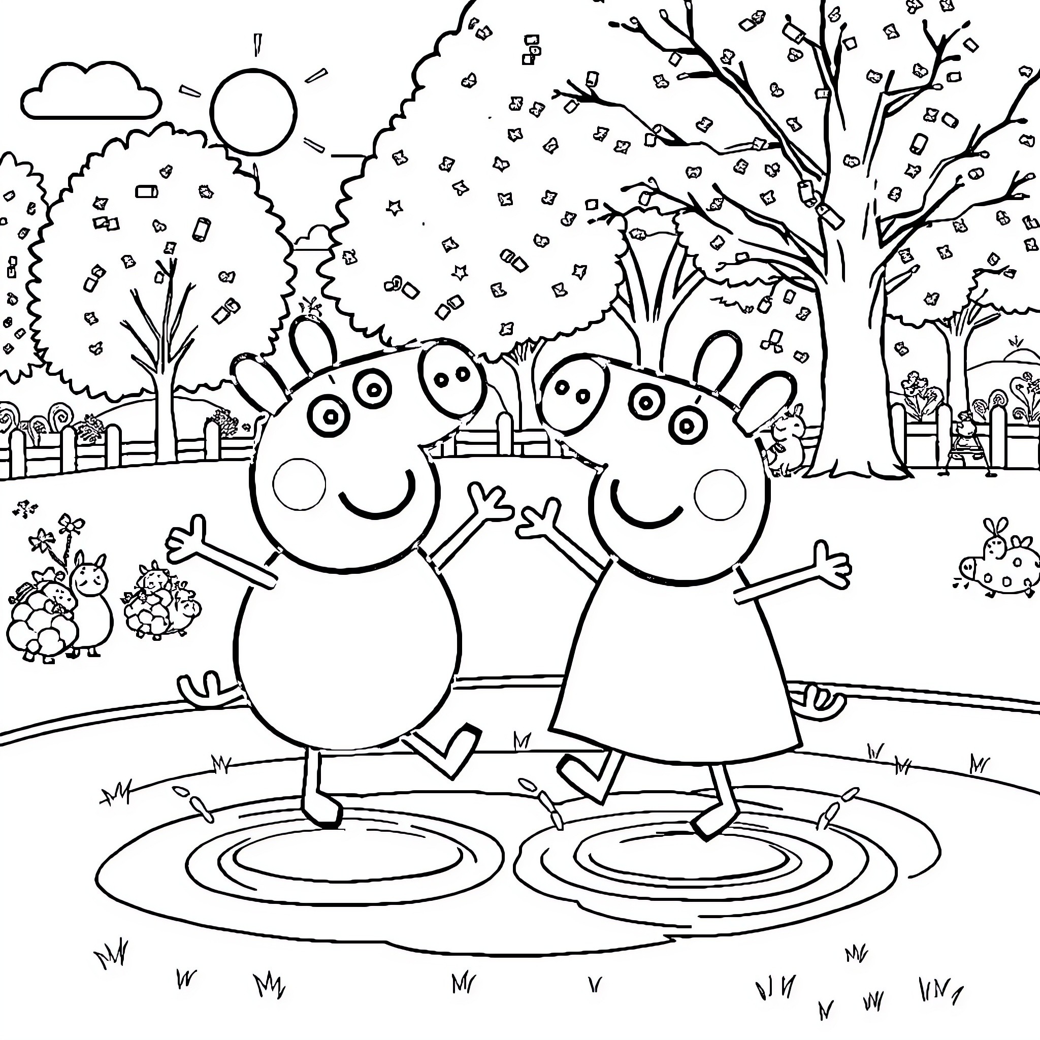 Bluey and Bingo's Fun Outdoor Adventure Coloring Page (free black-and-white line drawing printable PDF for all, from beginners to advanced learners, including children, teens, adults, and seniors)