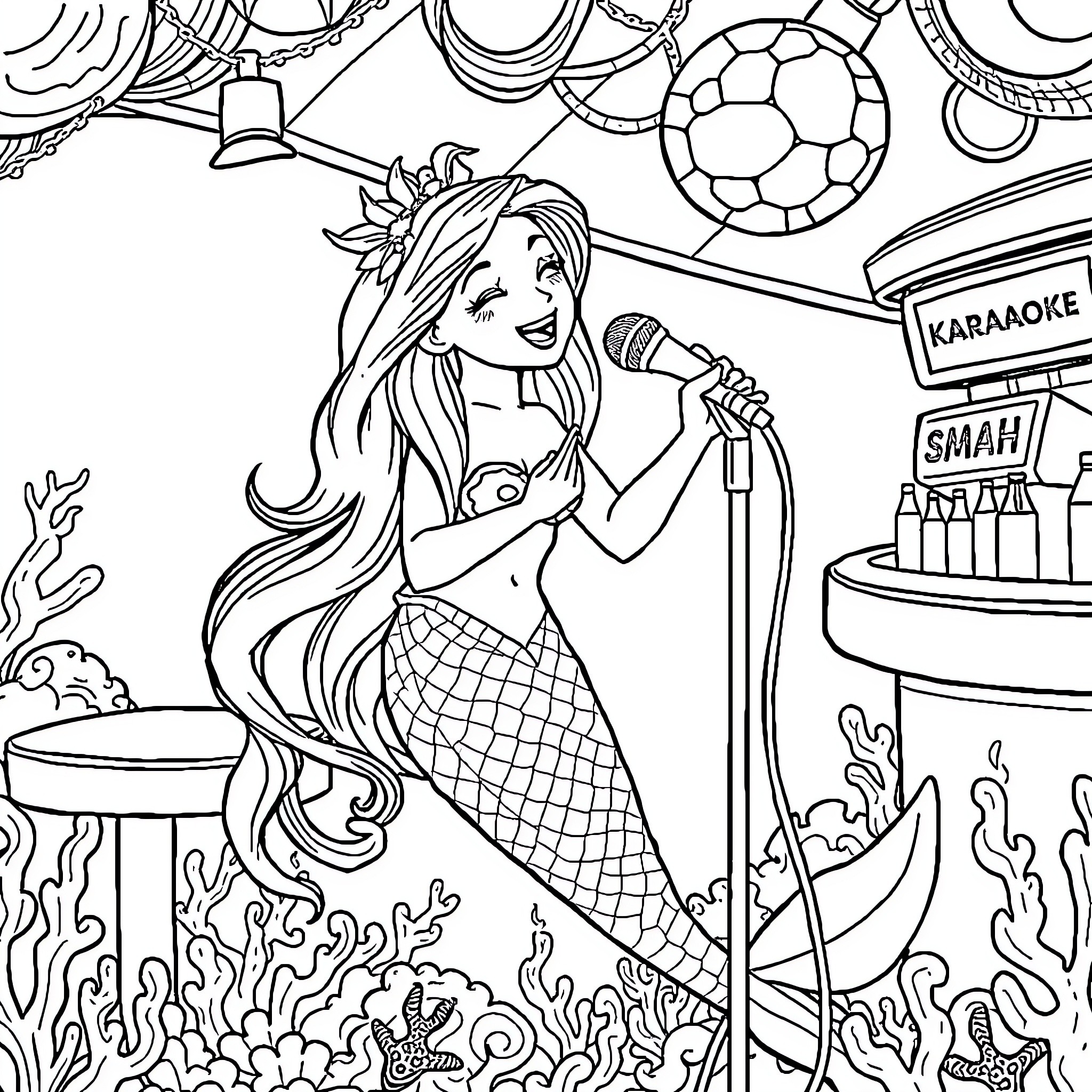 Mermaid singing karaoke at a bar Coloring Page (free black-and-white line drawing printable PDF for all, from beginners to advanced learners, including children, teens, adults, and seniors)