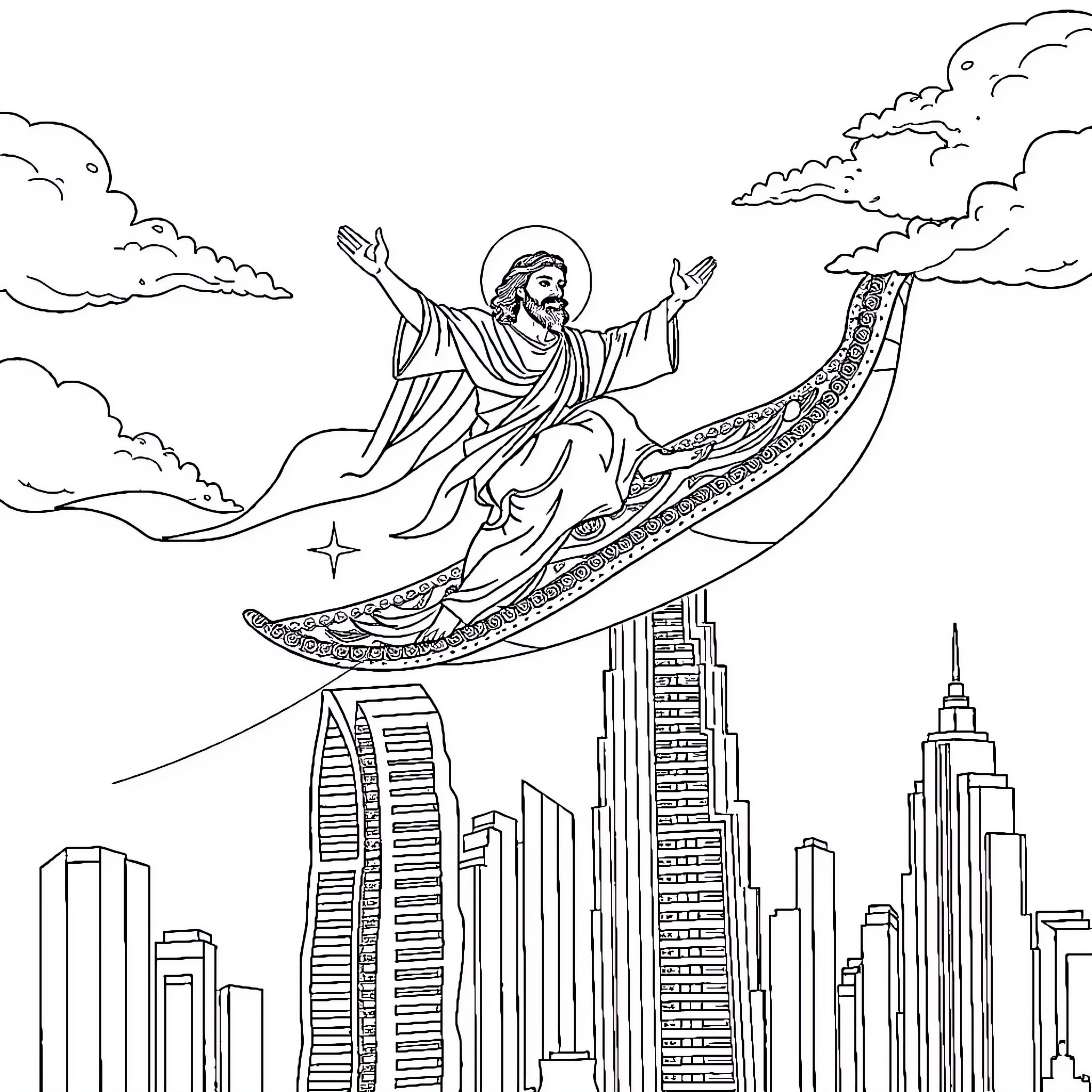 Jesus Ascending to Heaven with Outstretched Arms Coloring Page (free black-and-white line drawing printable PDF for all, from beginners to advanced learners, including children, teens, adults, and seniors)