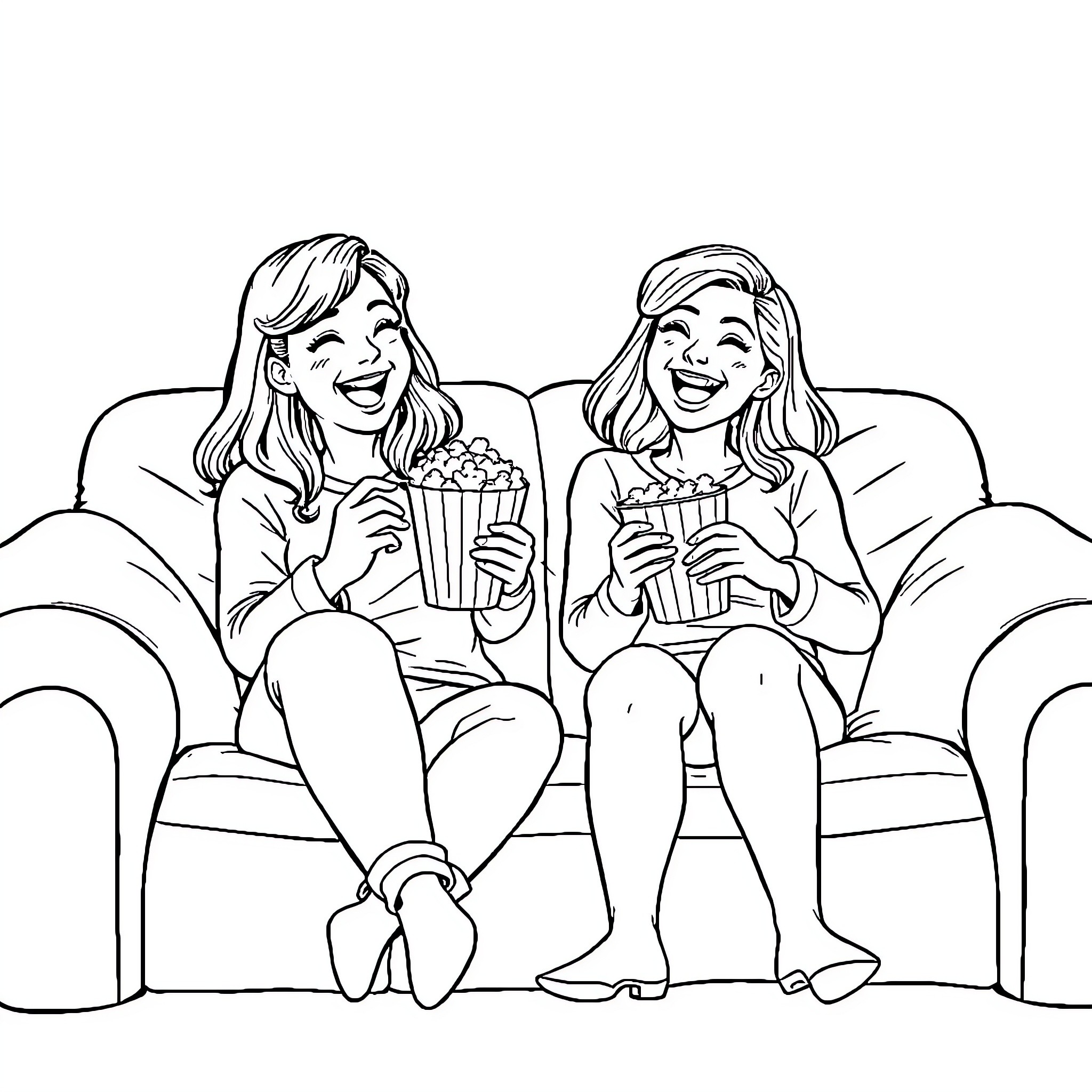Jenny enjoying a movie night with friend Coloring Page (free black-and-white line drawing printable PDF for all, from beginners to advanced learners, including children, teens, adults, and seniors)