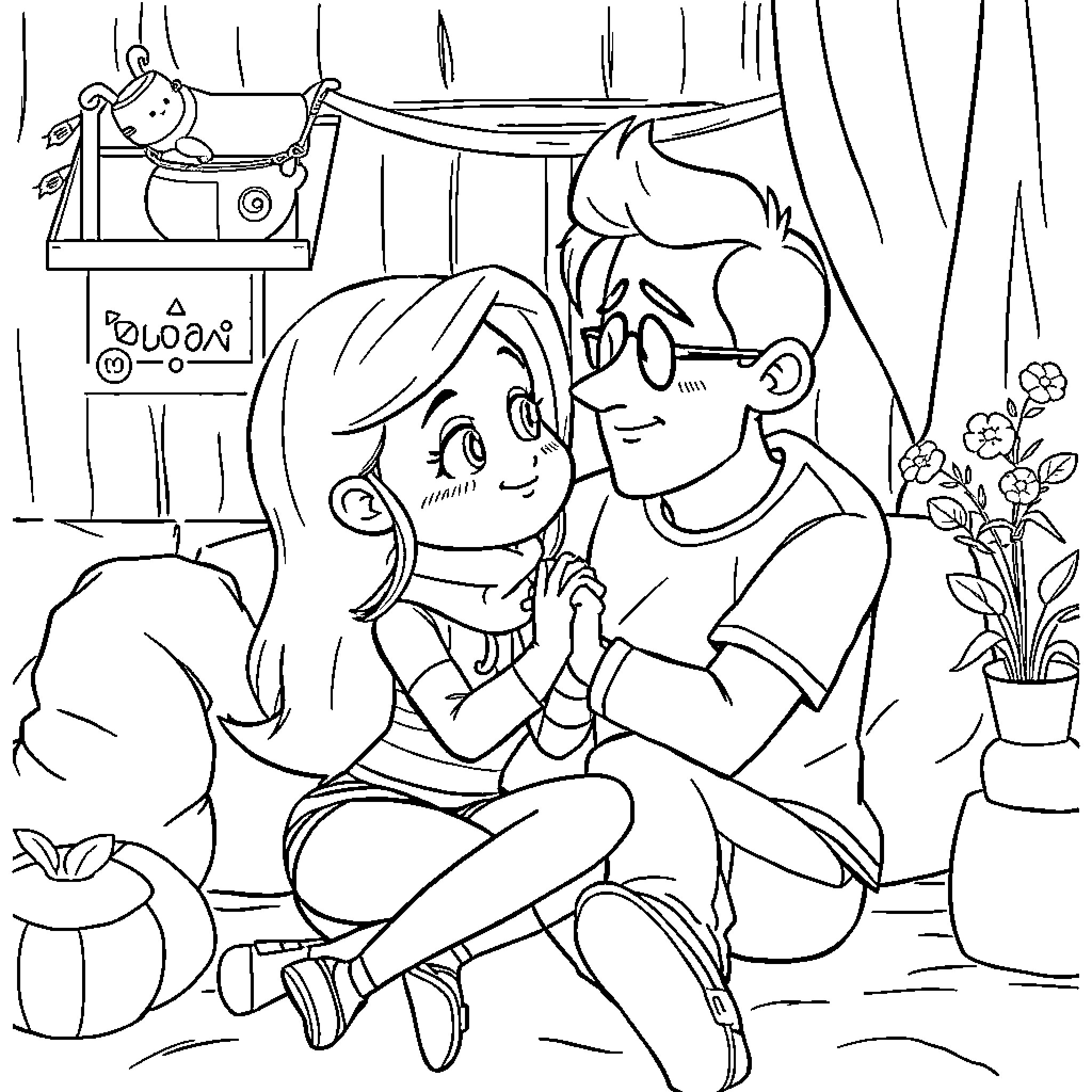 Kim Possible and Friend Relaxing at Home Coloring Page (free black-and-white line drawing printable PDF for all, from beginners to advanced learners, including children, teens, adults, and seniors)