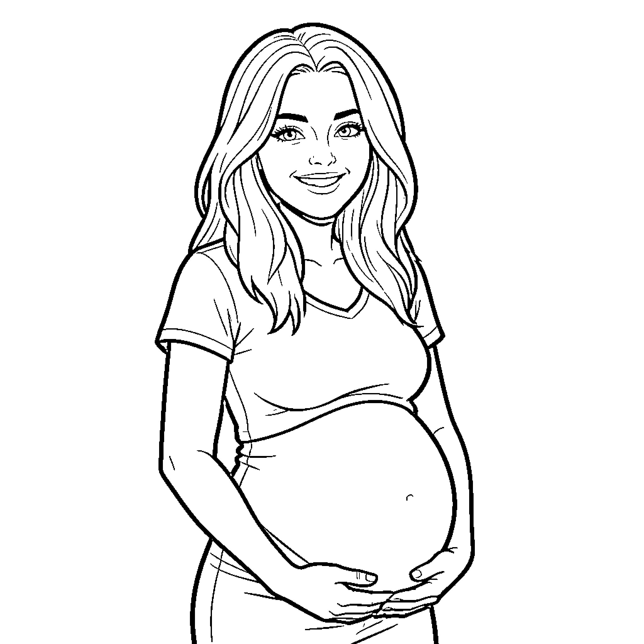 Sabrina Carpenter smiling and posing with baby bump Coloring Page (free black-and-white line drawing printable PDF for all, from beginners to advanced learners, including children, teens, adults, and seniors)