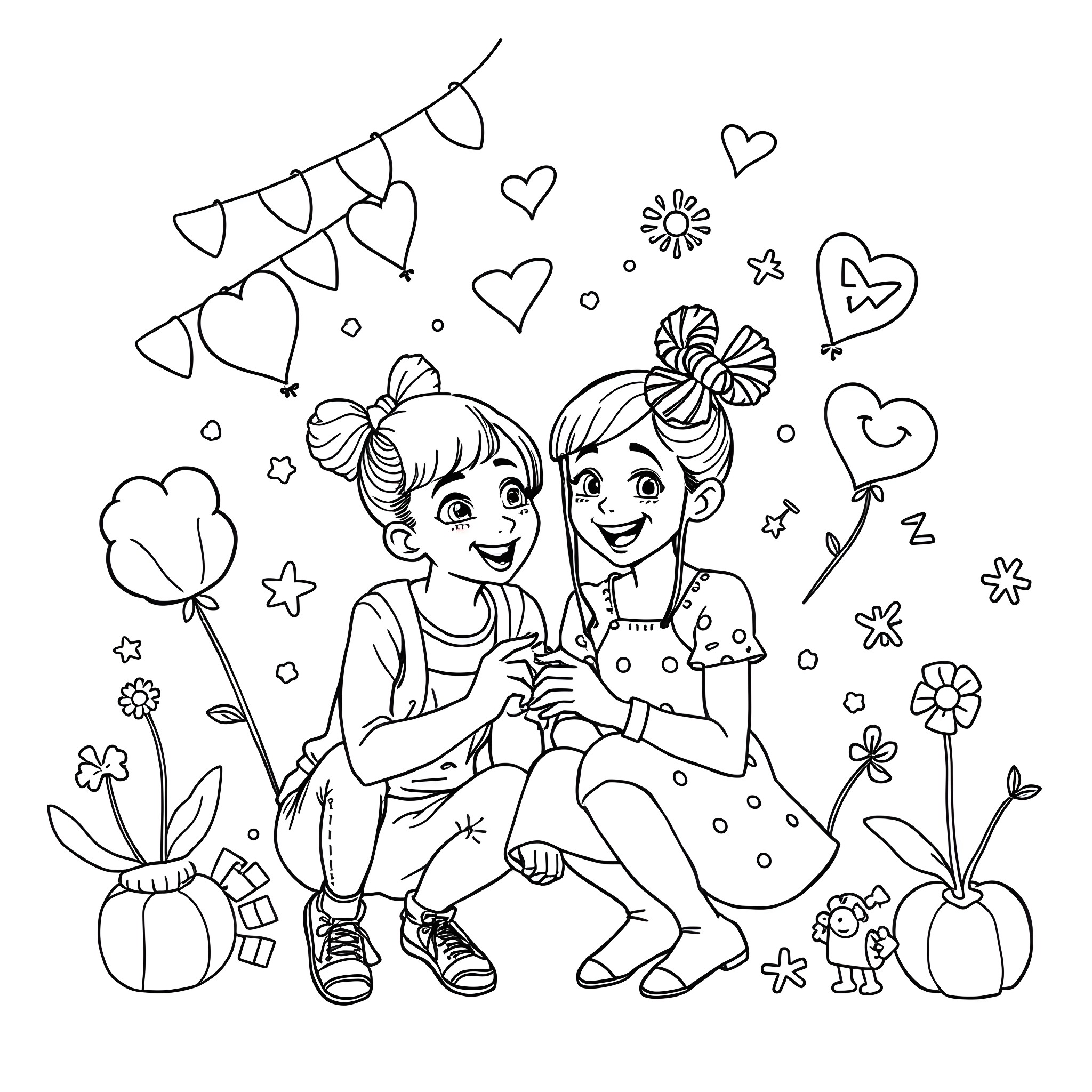 Millie Bobby Brown and friend in whimsical scene Coloring Page (free black-and-white line drawing printable PDF for all, from beginners to advanced learners, including children, teens, adults, and seniors)
