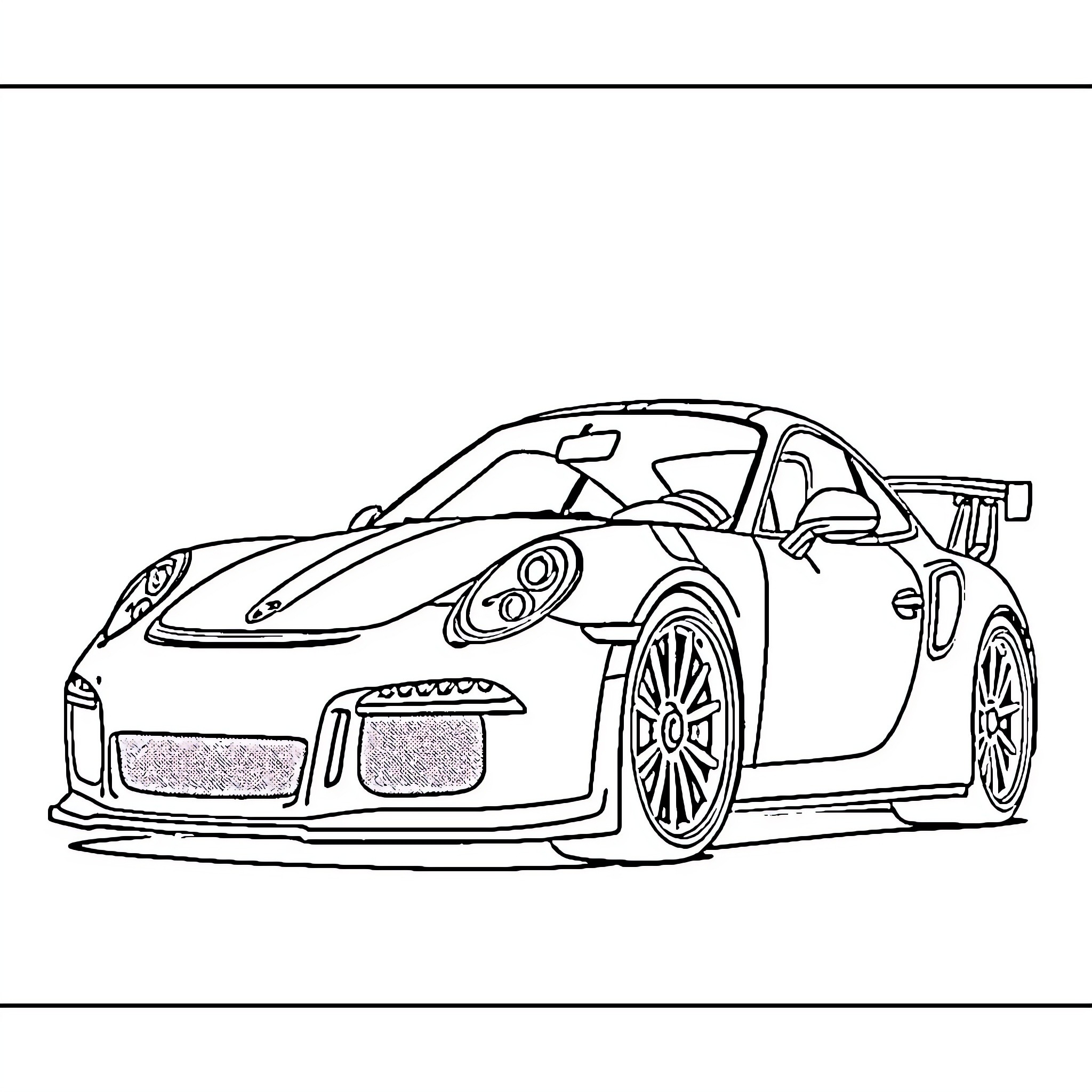 Porsche racing car in action Coloring Page (free black-and-white line drawing printable PDF for all, from beginners to advanced learners, including children, teens, adults, and seniors)