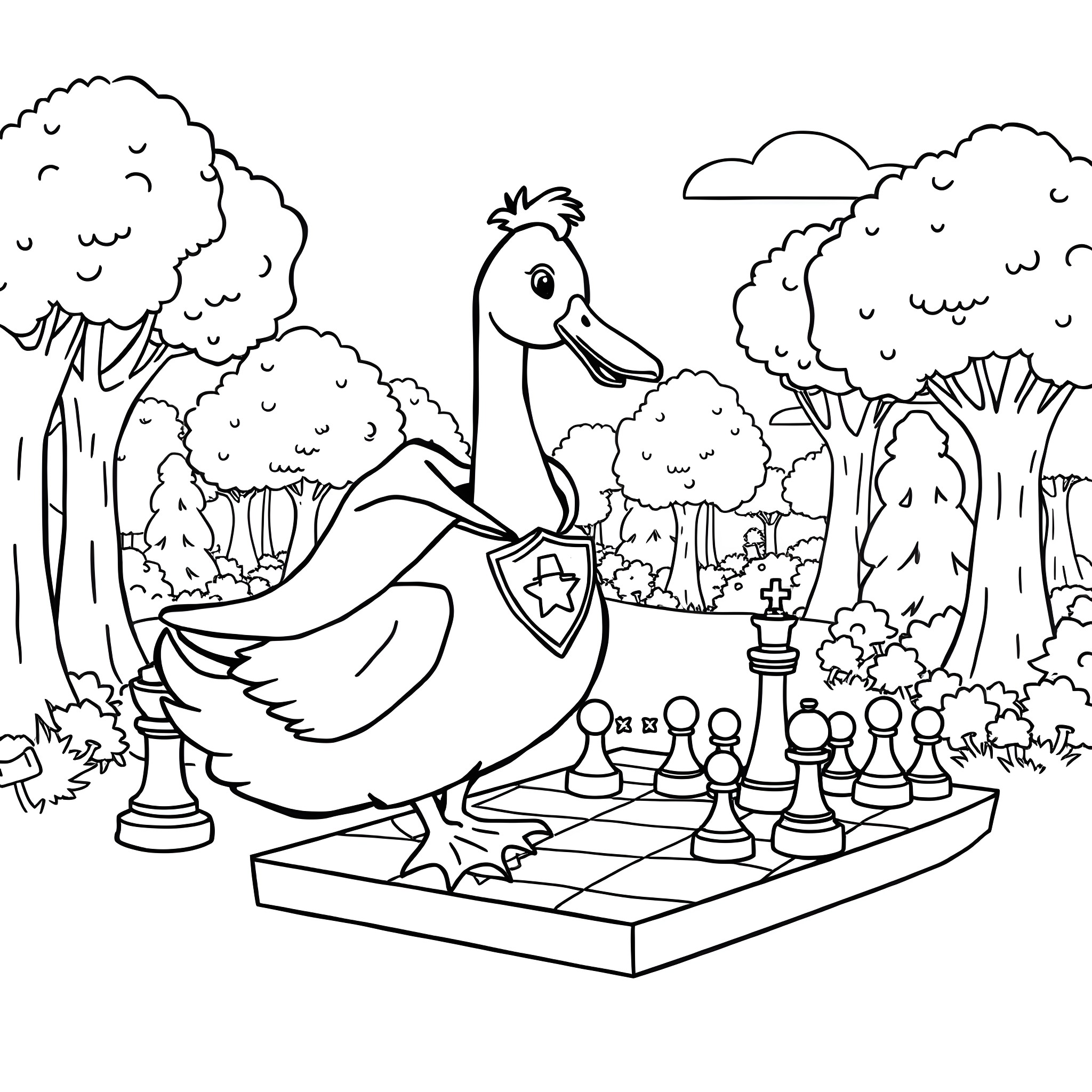 Goose playing chess in the forest Coloring Page (free black-and-white line drawing printable PDF for all, from beginners to advanced learners, including children, teens, adults, and seniors)