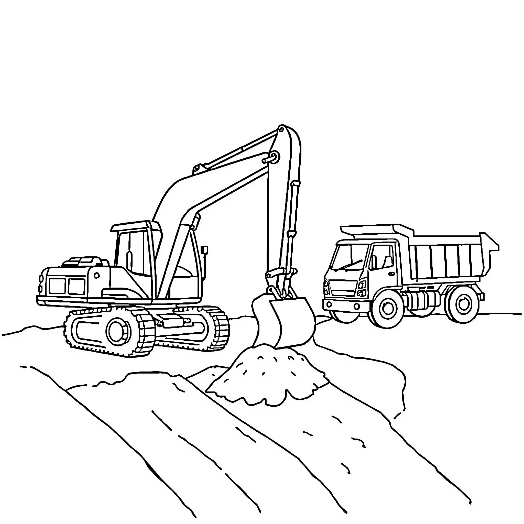 Vehicle Construction Workers Operating Machinery Coloring Page (free black-and-white line drawing printable PDF for all, from beginners to advanced learners, including children, teens, adults, and seniors)