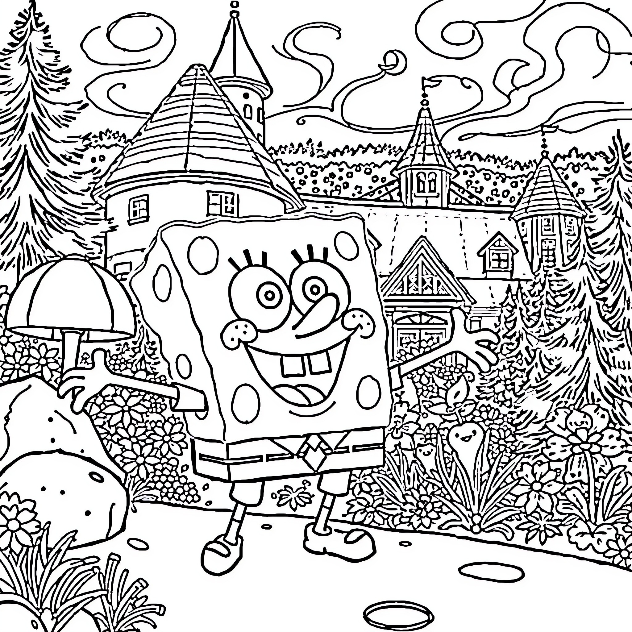Spongebob enjoying a whimsical adventure in his hometown Coloring Page (free black-and-white line drawing printable PDF for all, from beginners to advanced learners, including children, teens, adults, and seniors)