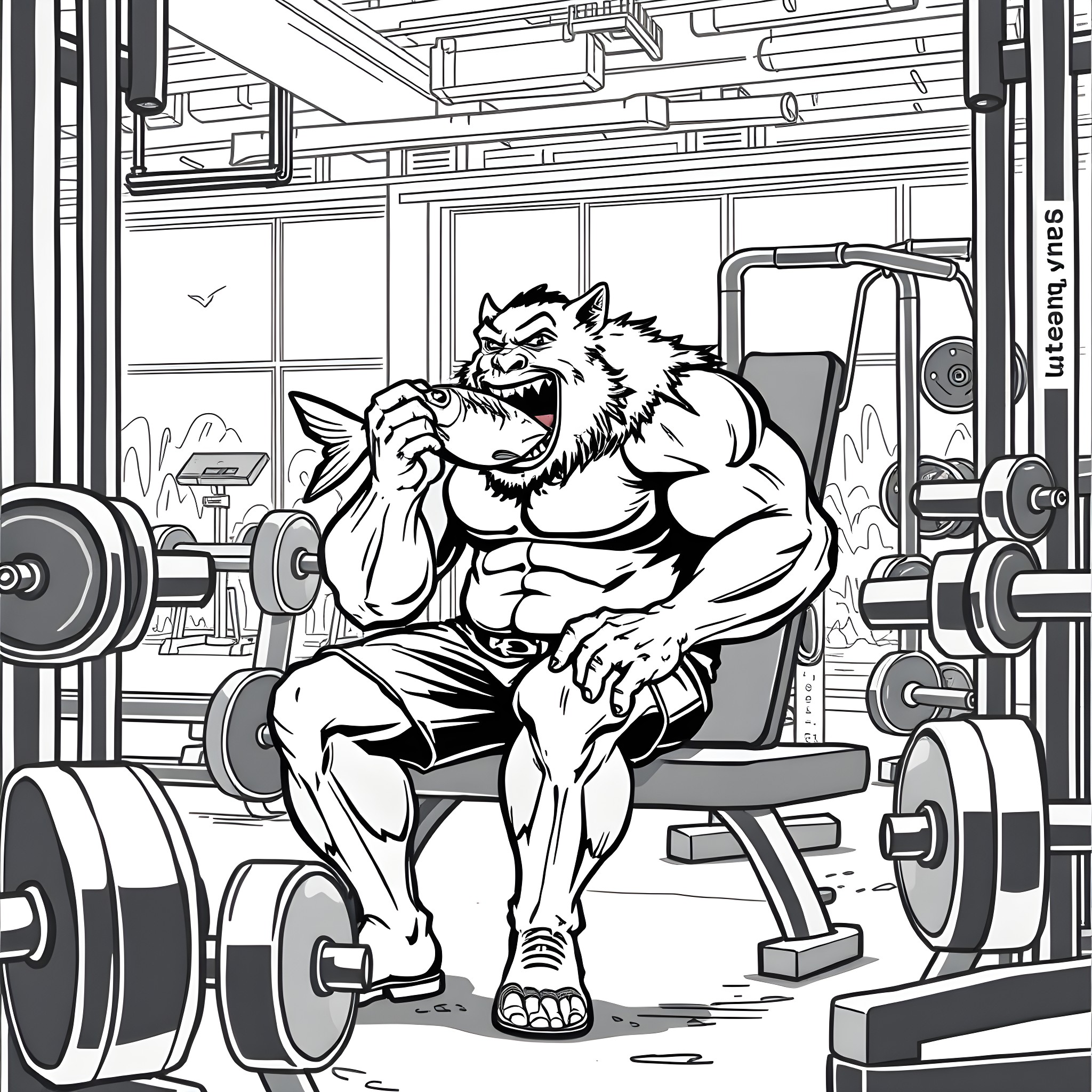 Mr Beast Working Out in the Gym Coloring Page (free black-and-white line drawing printable PDF for all, from beginners to advanced learners, including children, teens, adults, and seniors)