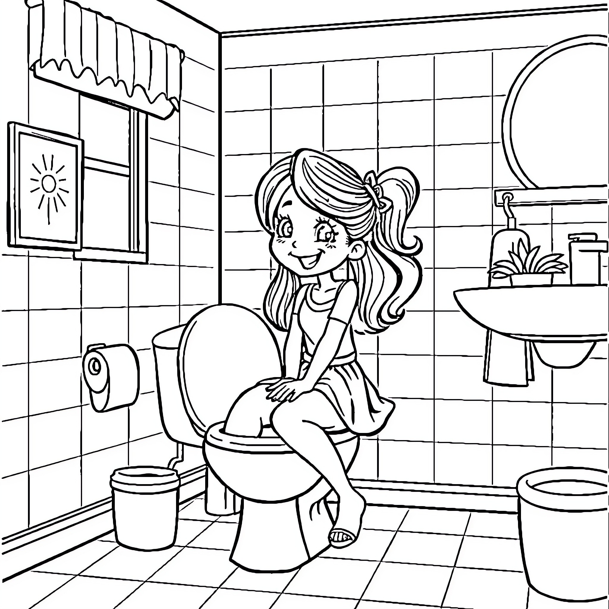 Ms Rachel's Bathroom Break Coloring Page (free black-and-white line drawing printable PDF for all, from beginners to advanced learners, including children, teens, adults, and seniors)