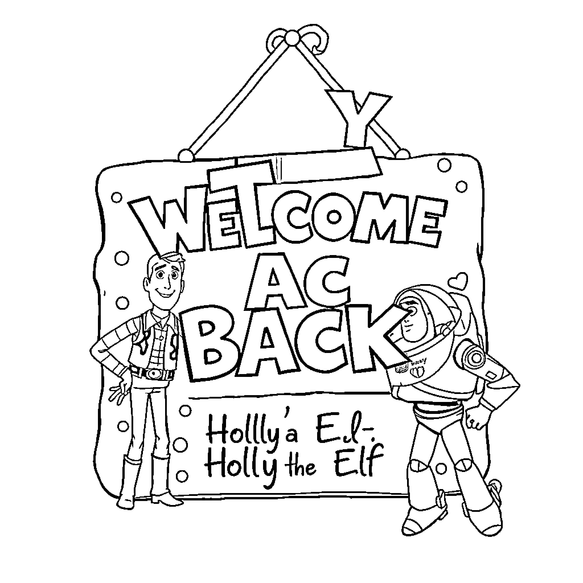 Toy Story Characters Welcome Back Holly the Elf Coloring Page (free black-and-white line drawing printable PDF for all, from beginners to advanced learners, including children, teens, adults, and seniors)