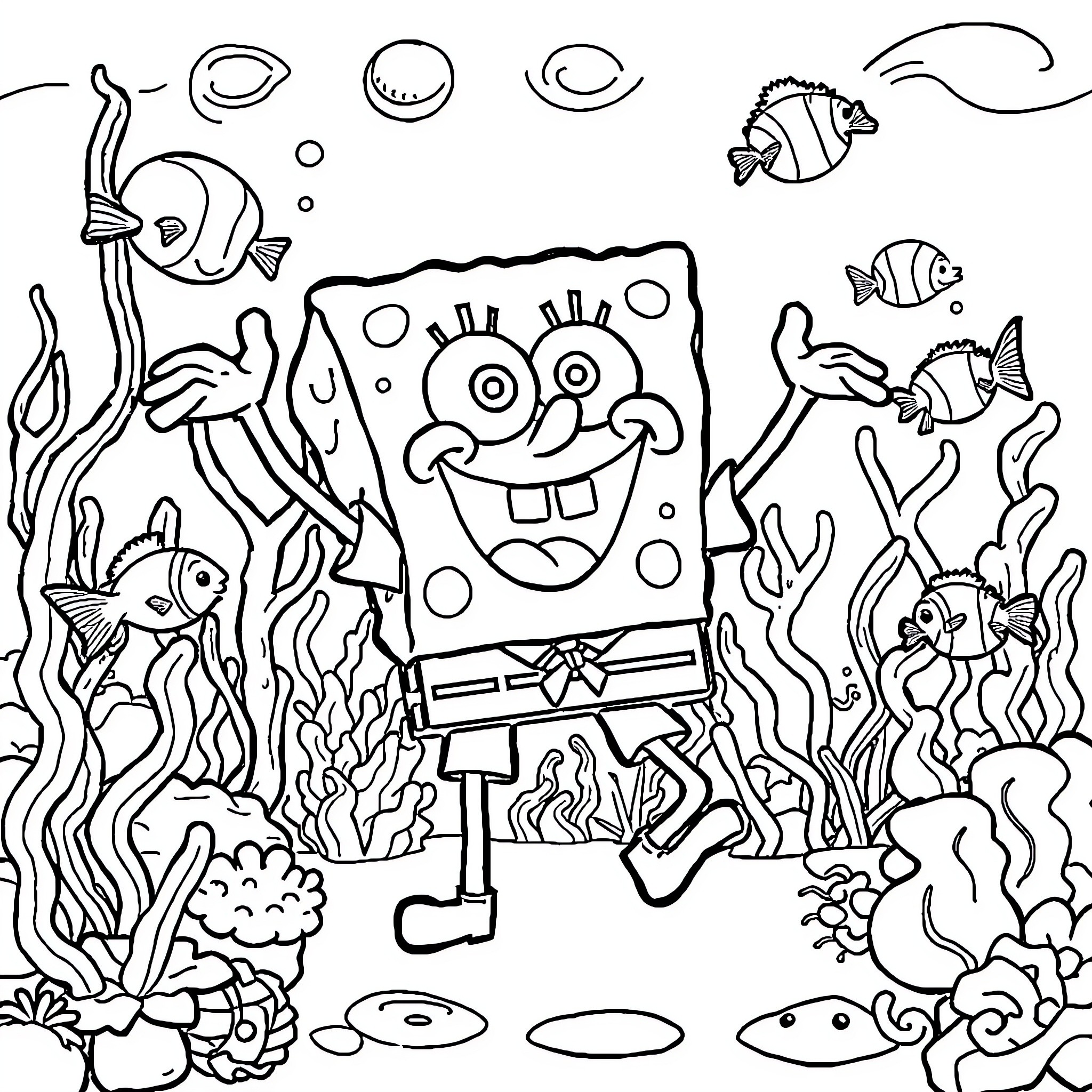 Spongebob's Joyful Undersea Adventure Coloring Page (free black-and-white line drawing printable PDF for all, from beginners to advanced learners, including children, teens, adults, and seniors)