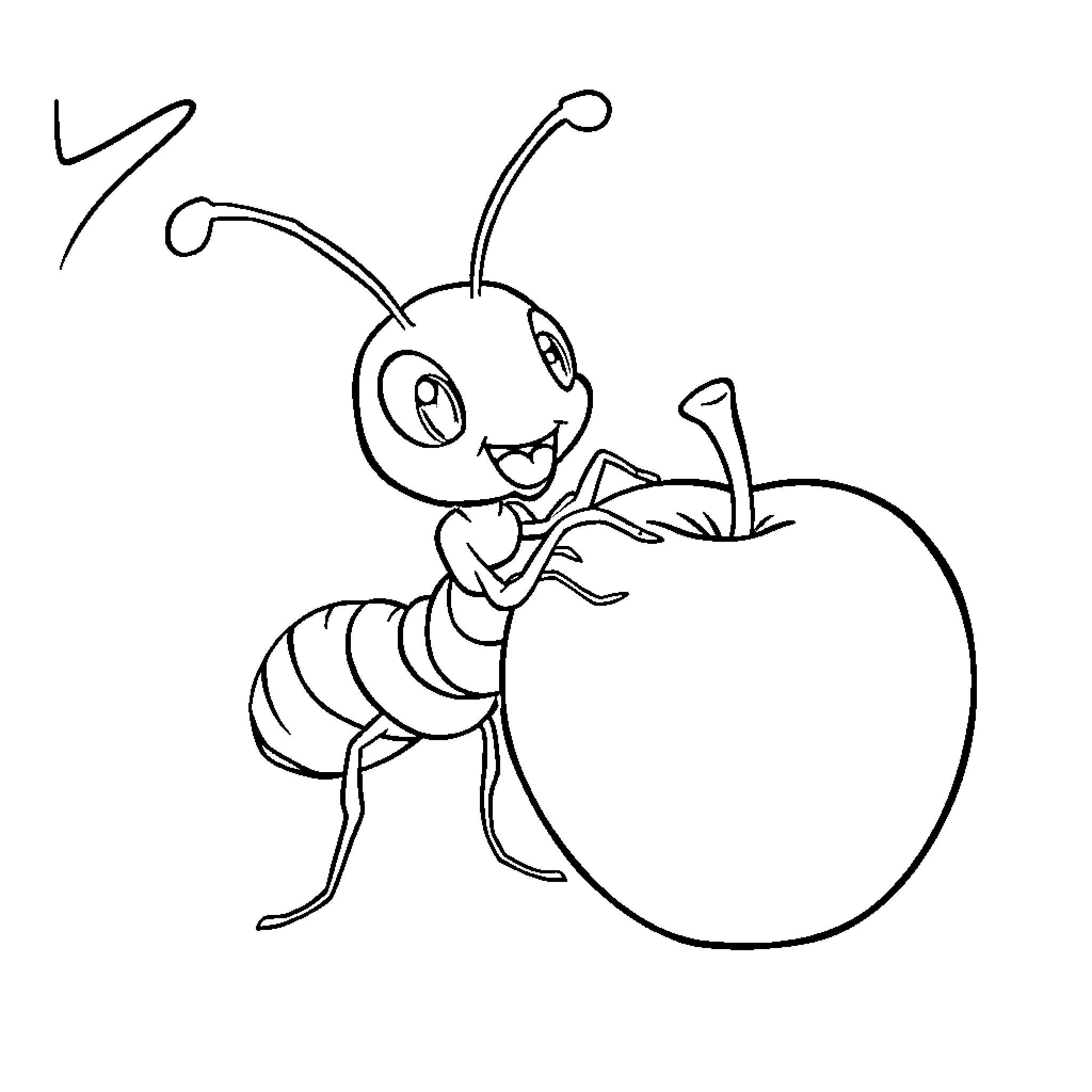 Ant carrying a large apple Coloring Page (free black-and-white line drawing printable PDF for all, from beginners to advanced learners, including children, teens, adults, and seniors)