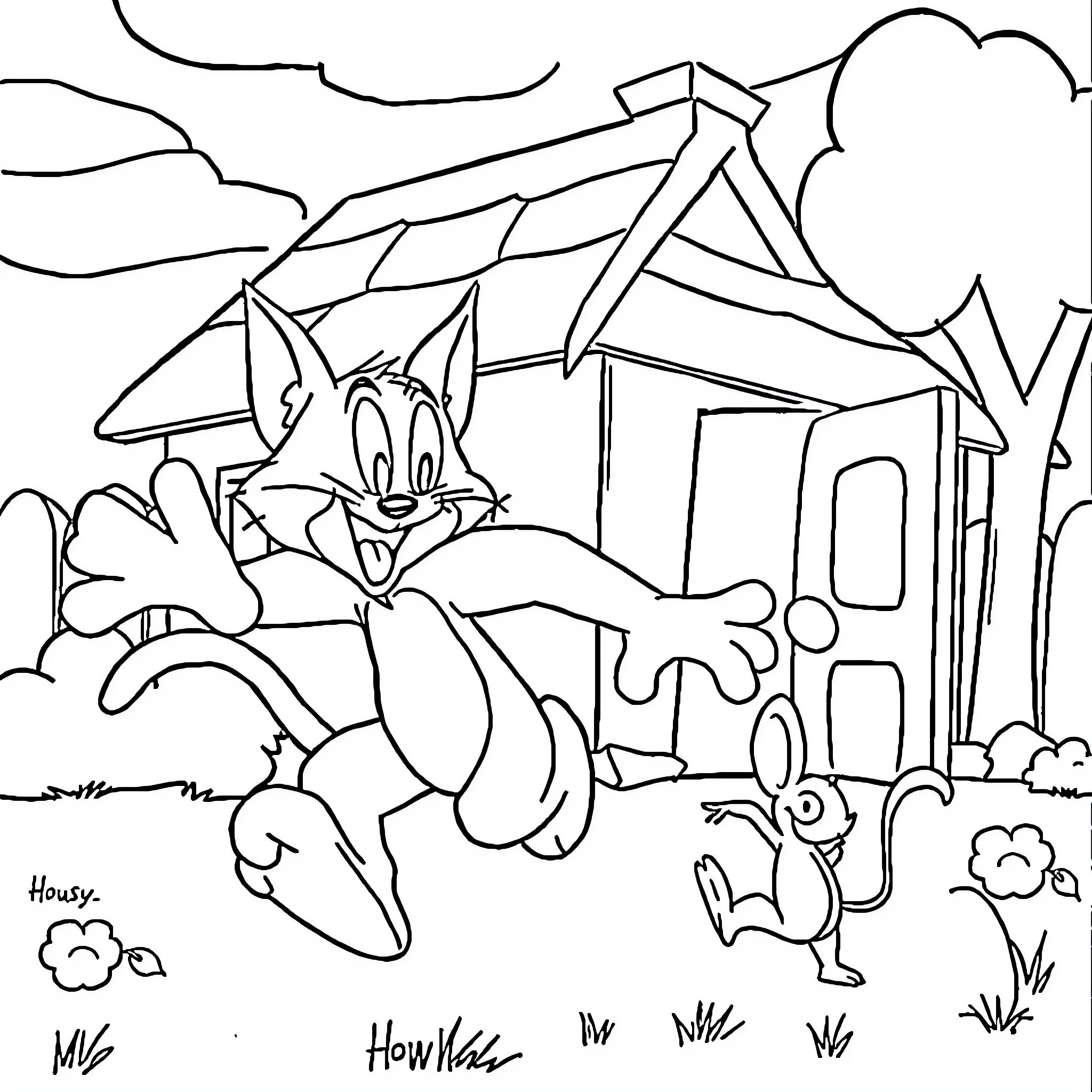 Tom and Jerry's Cartoon Antics in the Countryside Coloring Page (free black-and-white line drawing printable PDF for all, from beginners to advanced learners, including children, teens, adults, and seniors)