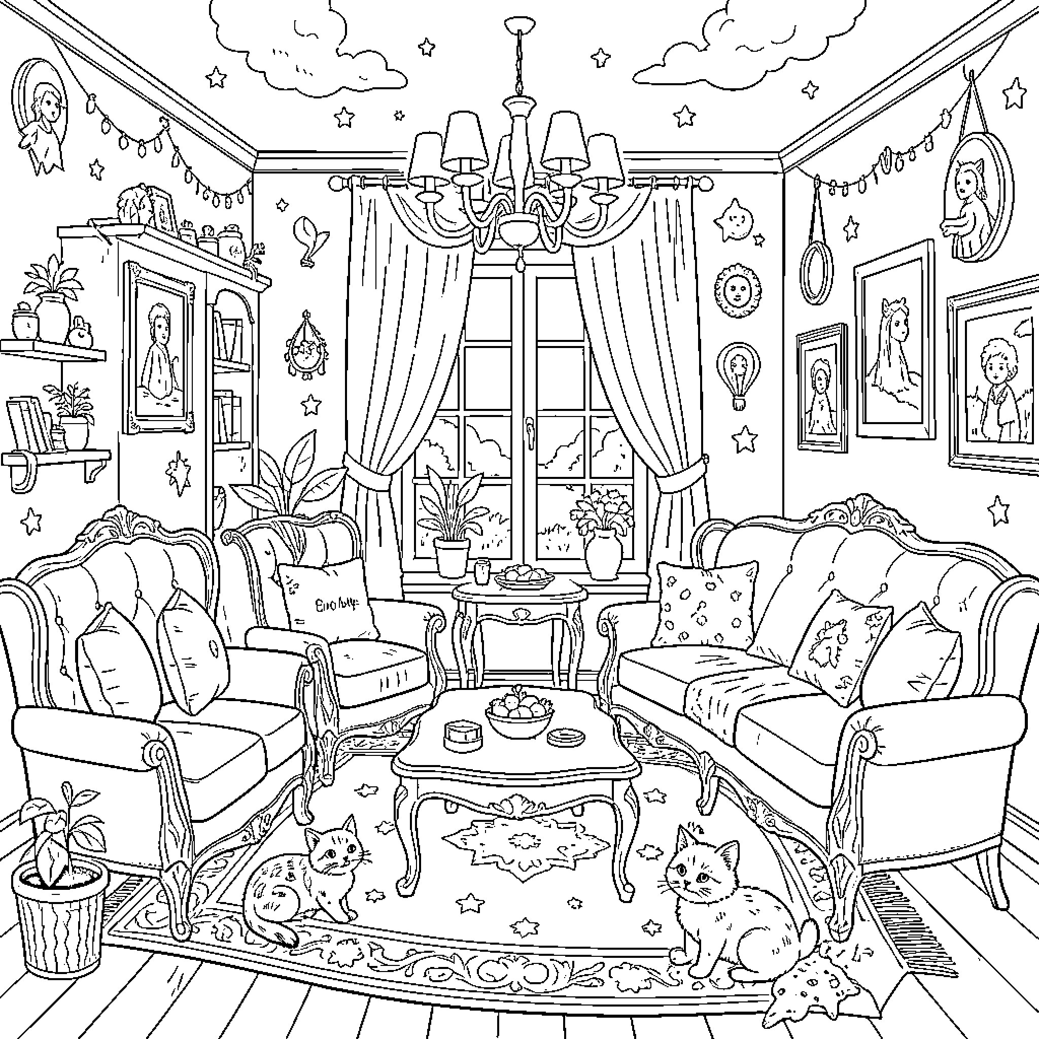 Dreamcore Cozy Living Room with Whimsical Decor Coloring Page (free black-and-white line drawing printable PDF for all, from beginners to advanced learners, including children, teens, adults, and seniors)