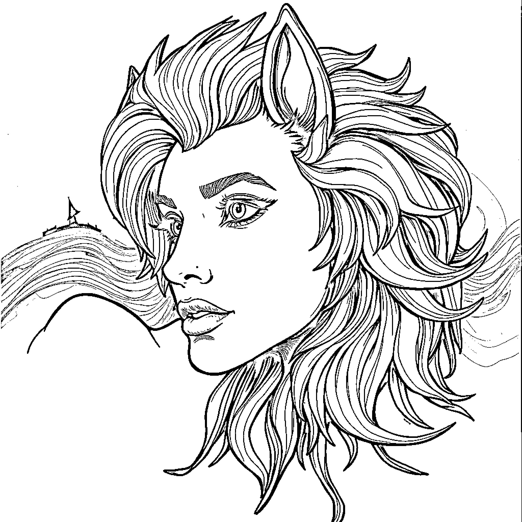 Oil Painting of a Mysterious Woman with Flowing Hair Coloring Page (free black-and-white line drawing printable PDF for all, from beginners to advanced learners, including children, teens, adults, and seniors)