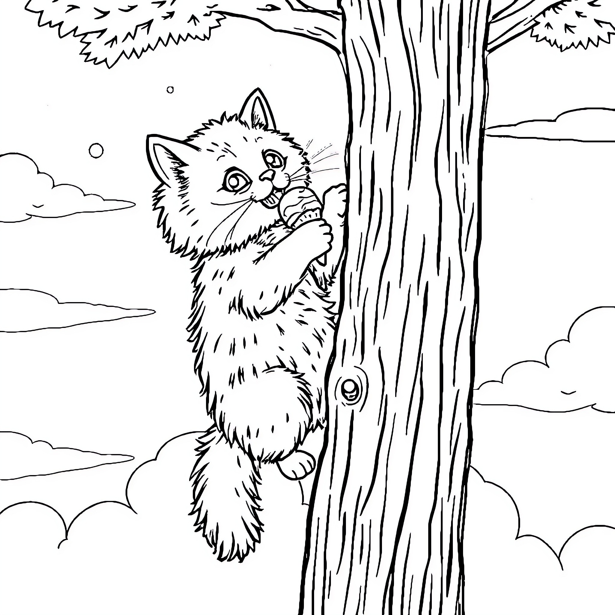 Cat hiding mischievously in tree Coloring Page (free black-and-white line drawing printable PDF for all, from beginners to advanced learners, including children, teens, adults, and seniors)