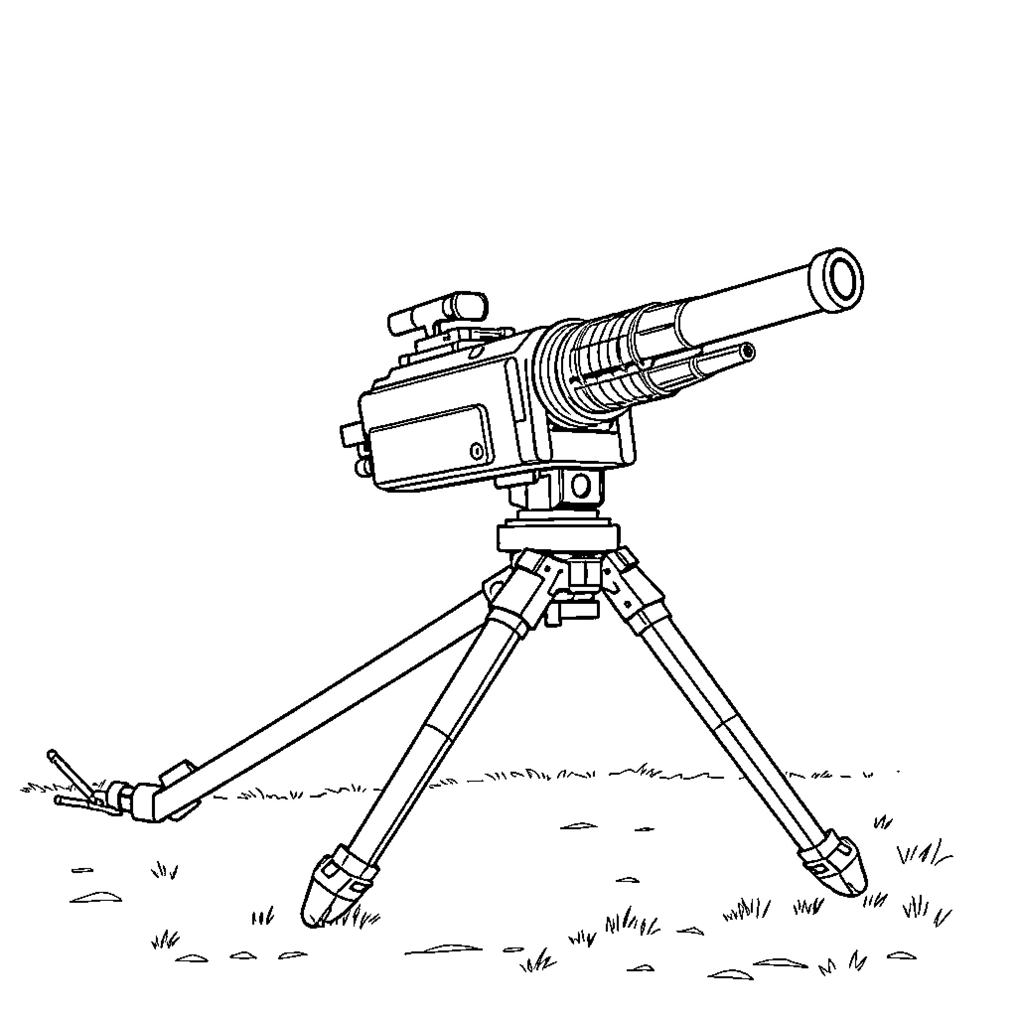 Machine Gun Mounted on Tripod Outdoors Coloring Page (free black-and-white line drawing printable PDF for all, from beginners to advanced learners, including children, teens, adults, and seniors)