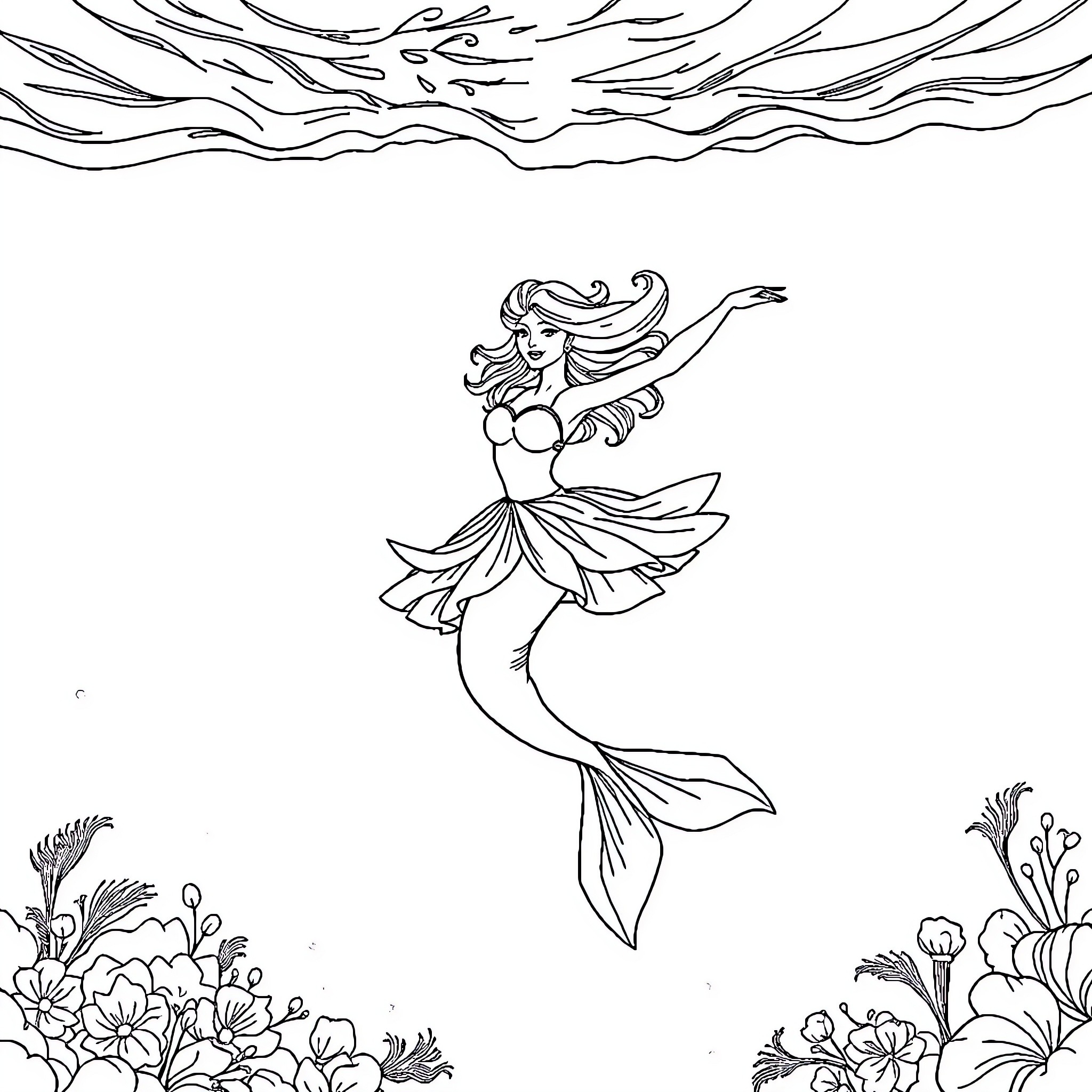Ballerina mermaid dancing gracefully underwater Coloring Page (free black-and-white line drawing printable PDF for all, from beginners to advanced learners, including children, teens, adults, and seniors)
