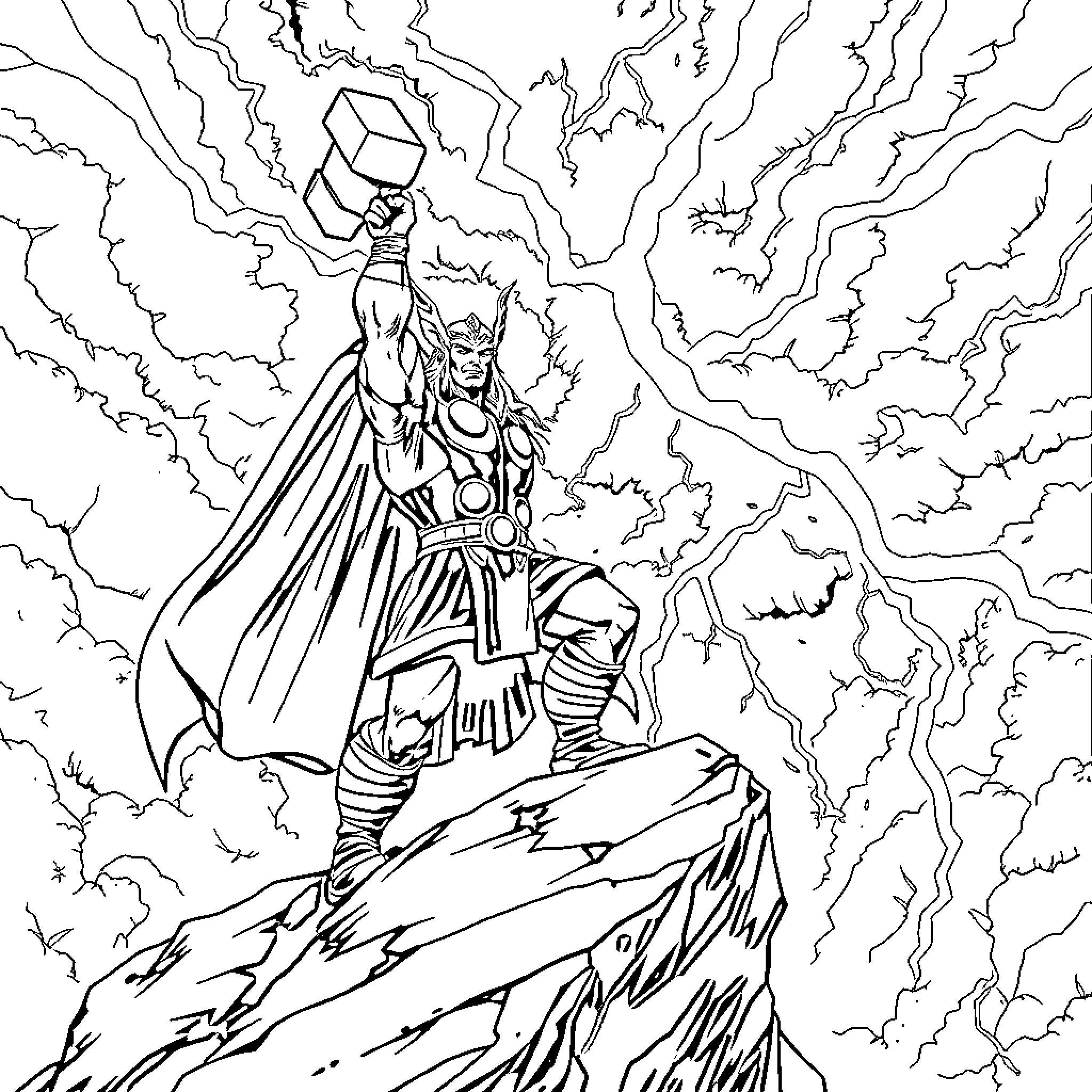 Thor wielding Mjolnir in a stormy, epic battle scene Coloring Page (free black-and-white line drawing printable PDF for all, from beginners to advanced learners, including children, teens, adults, and seniors)