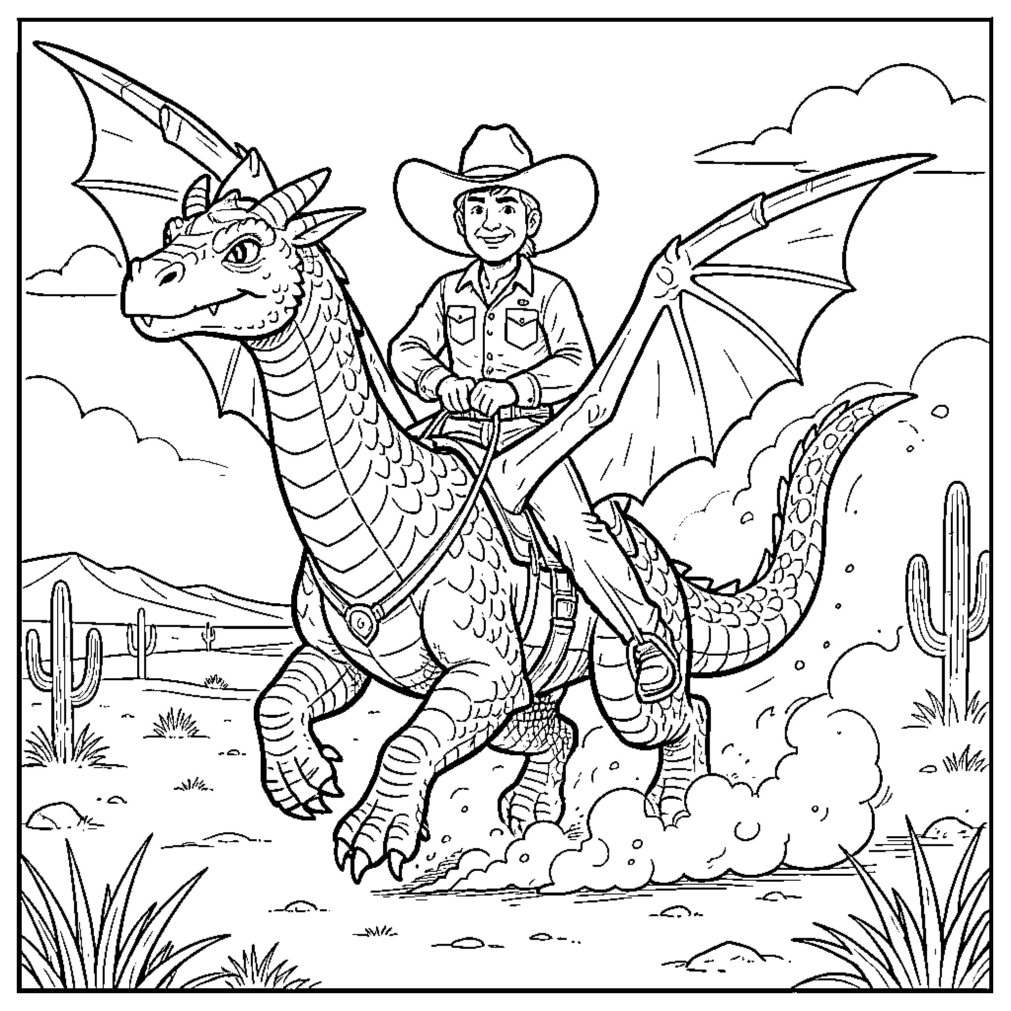 Dragon-Riding Cowboy Adventures in the Desert Coloring Page (free black-and-white line drawing printable PDF for all, from beginners to advanced learners, including children, teens, adults, and seniors)