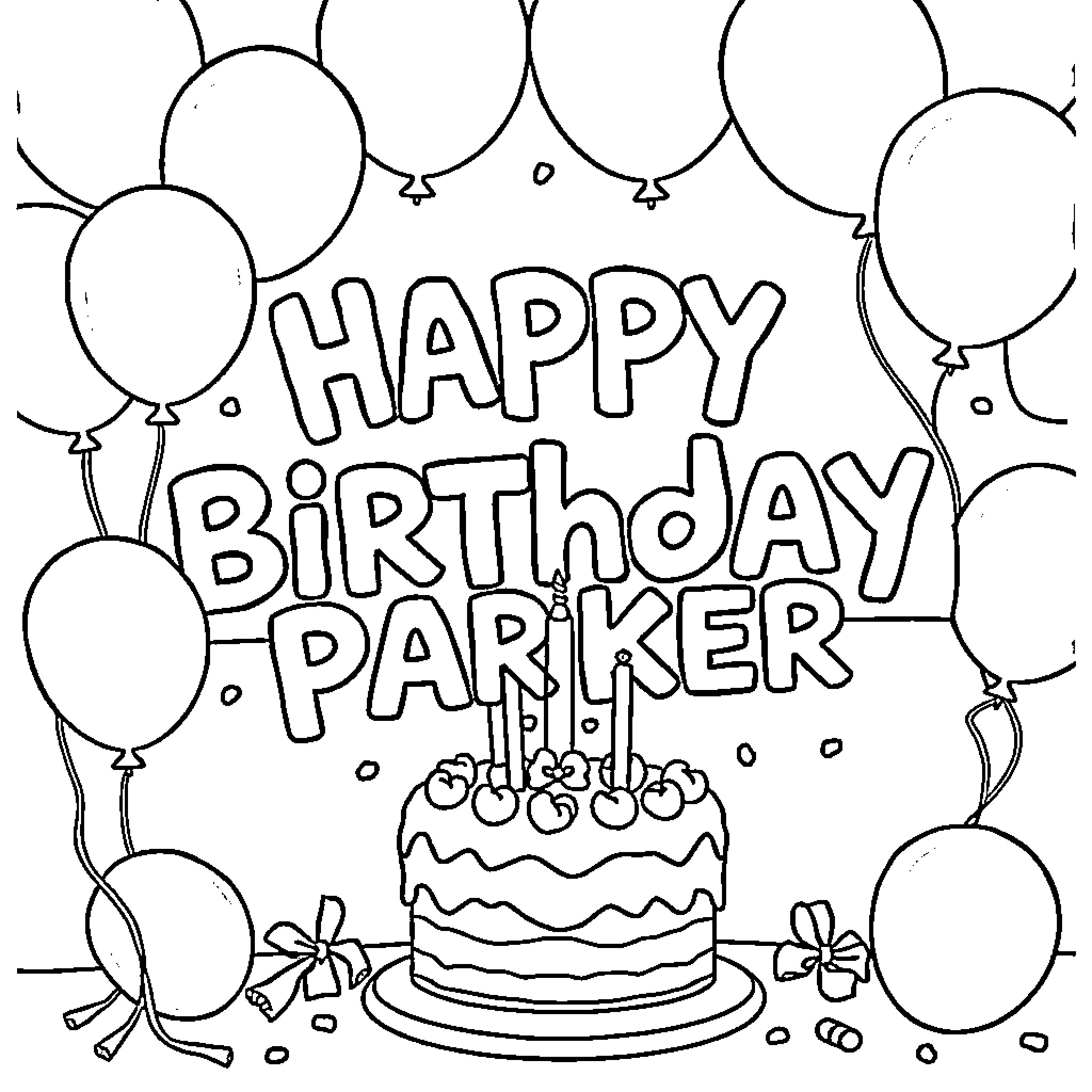 Birthday party with balloons and cake Coloring Page (free black-and-white line drawing printable PDF for all, from beginners to advanced learners, including children, teens, adults, and seniors)