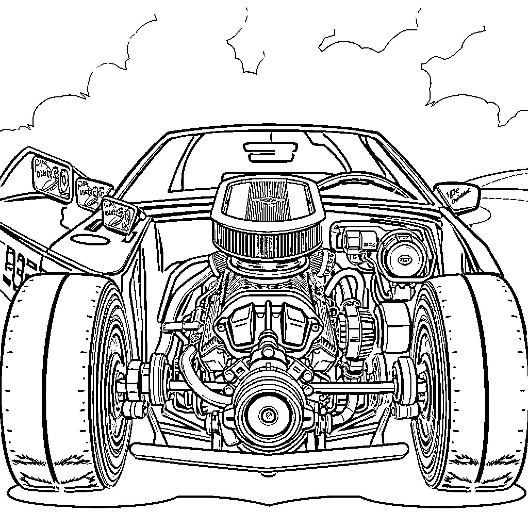 Car with detailed engine and parts Coloring Page (free black-and-white line drawing printable PDF for all, from beginners to advanced learners, including children, teens, adults, and seniors)
