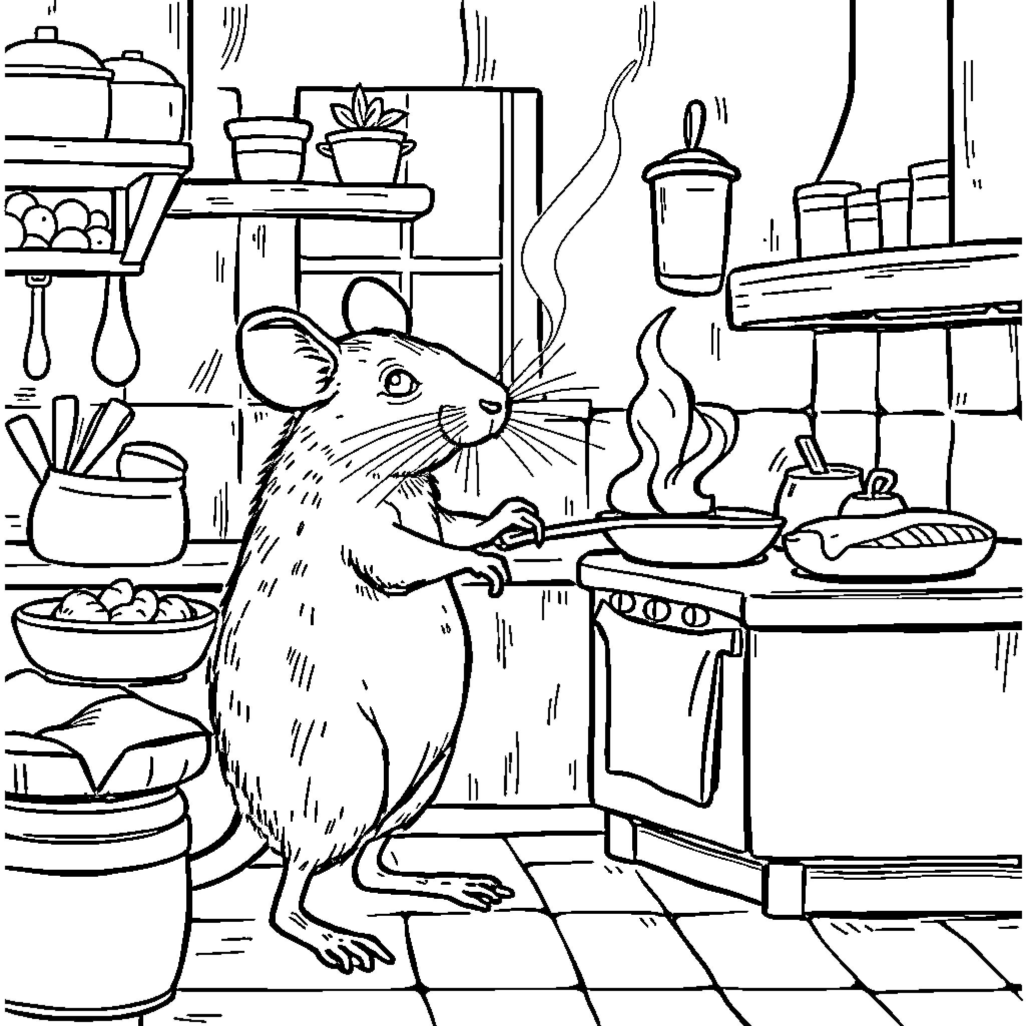 Rat cooking in a cluttered kitchen Coloring Page (free black-and-white line drawing printable PDF for all, from beginners to advanced learners, including children, teens, adults, and seniors)