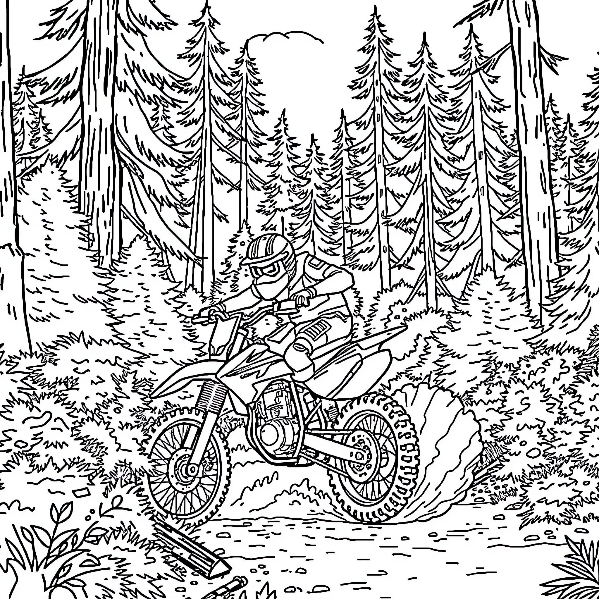 Dirtbike rider navigating through forest trail Coloring Page (free black-and-white line drawing printable PDF for all, from beginners to advanced learners, including children, teens, adults, and seniors)