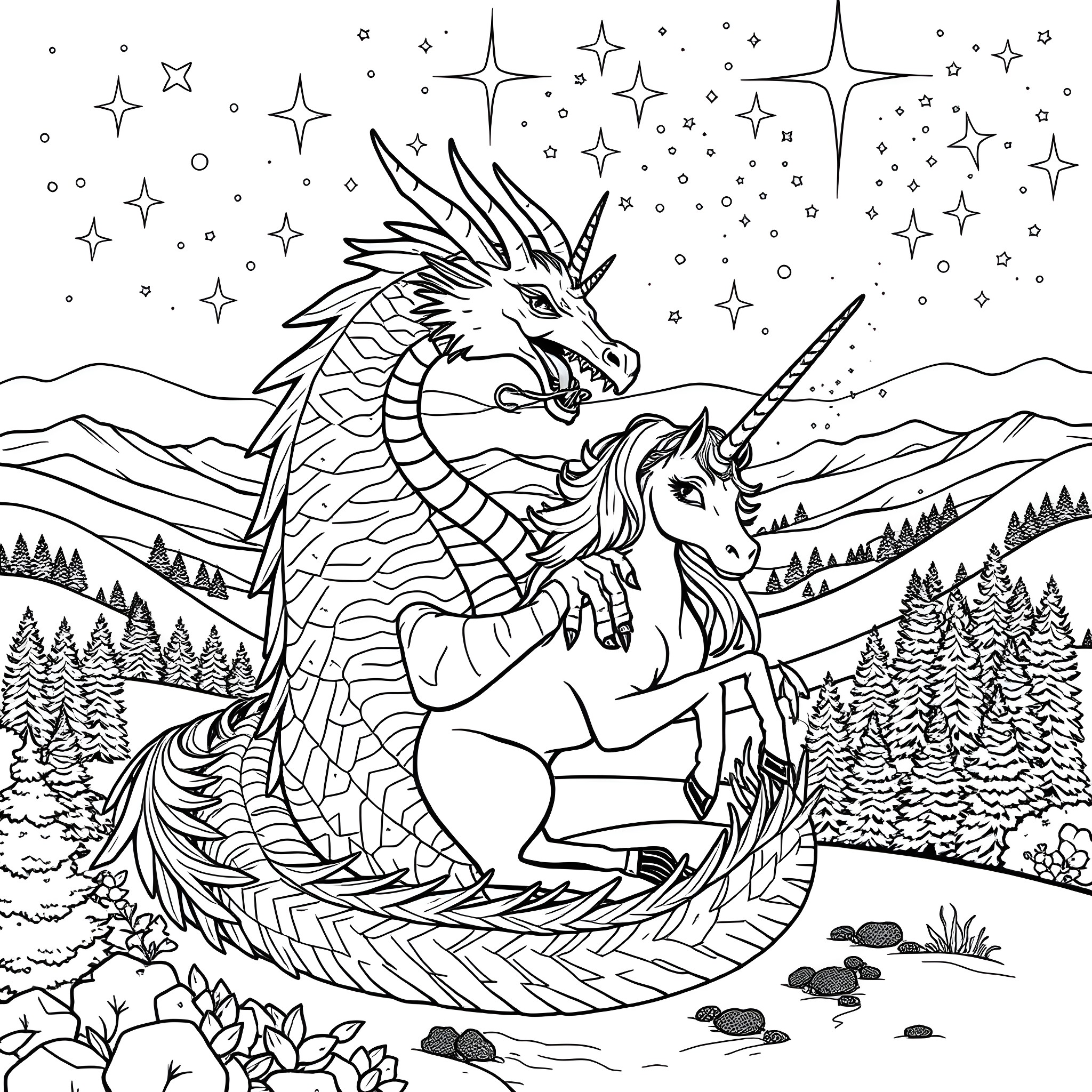 Dragon and Unicorn in Starry Night Landscape Coloring Page (free black-and-white line drawing printable PDF for all, from beginners to advanced learners, including children, teens, adults, and seniors)