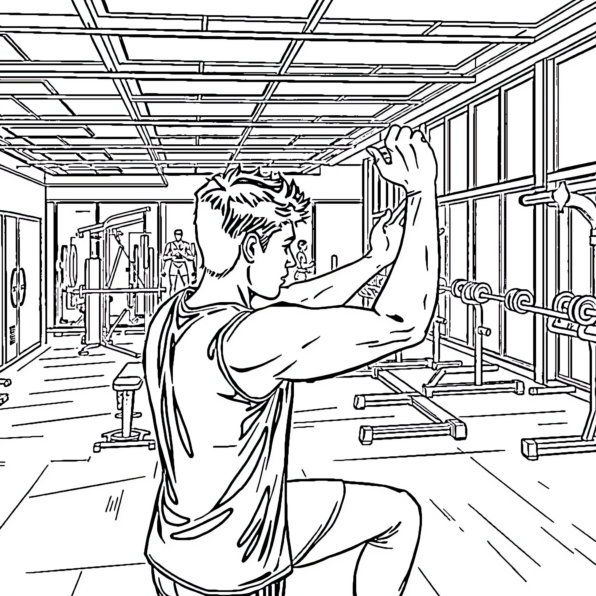 Click Athlete Training in Fitness Gym Coloring Page (free black-and-white line drawing printable PDF for all, from beginners to advanced learners, including children, teens, adults, and seniors)