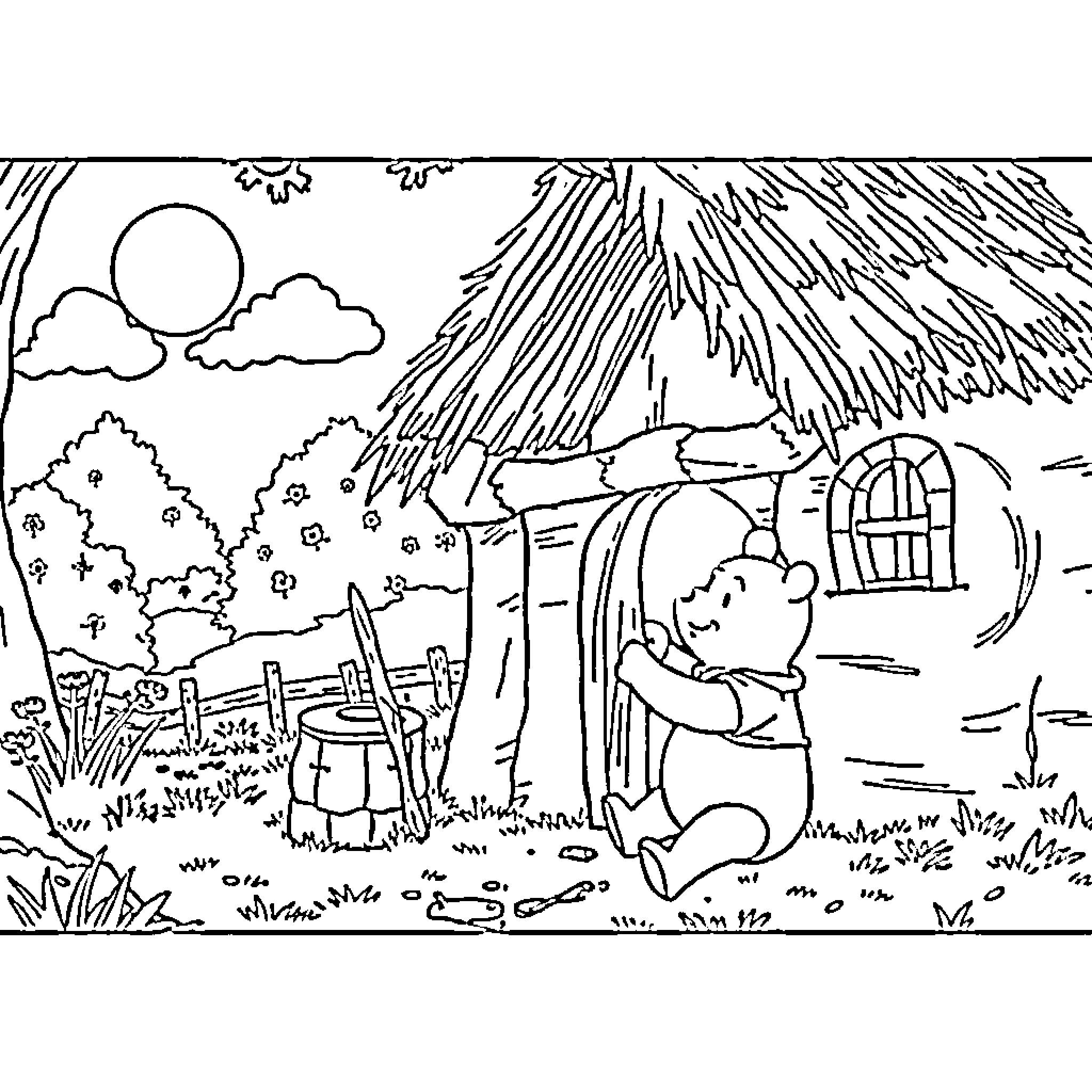Winnie The Pooh enjoying a sunny day in the countryside Coloring Page (free black-and-white line drawing printable PDF for all, from beginners to advanced learners, including children, teens, adults, and seniors)