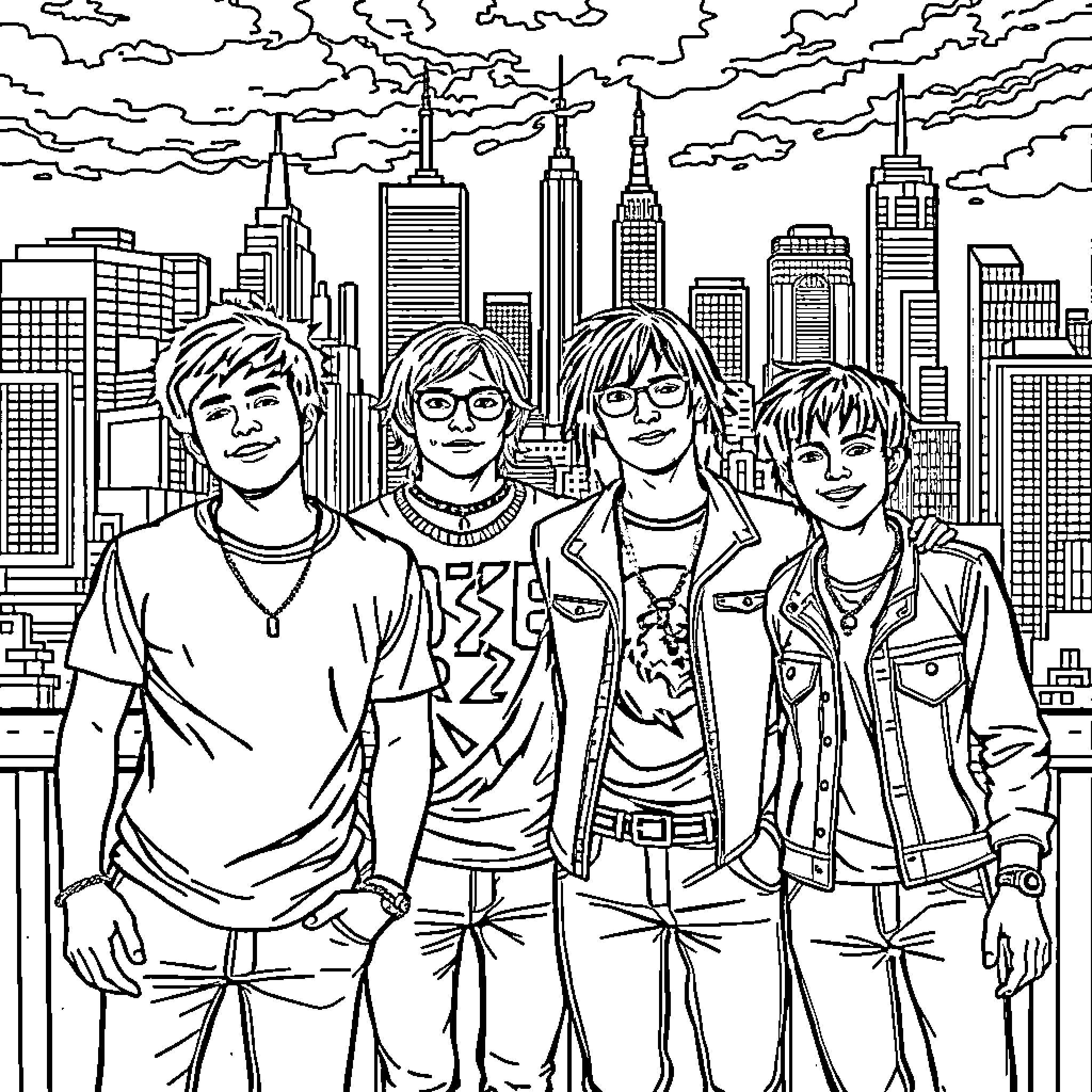 Nico and friends explore the bustling city skyline Coloring Page (free black-and-white line drawing printable PDF for all, from beginners to advanced learners, including children, teens, adults, and seniors)