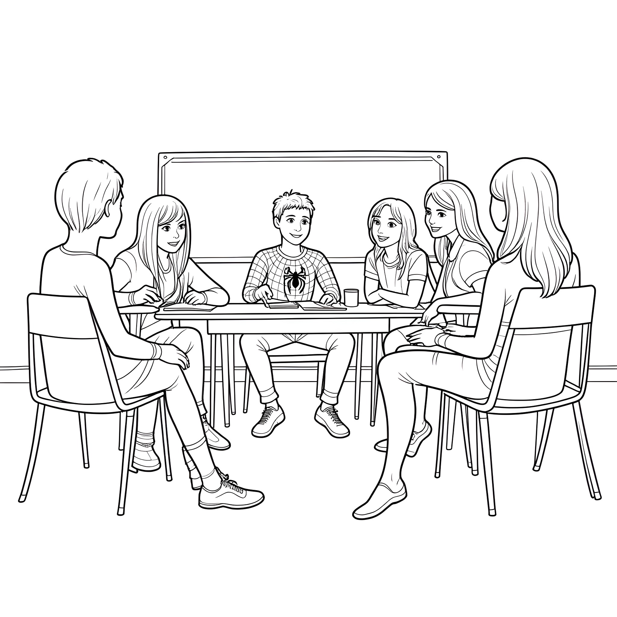 Spider-Friends Gathered Around Table Coloring Page (free black-and-white line drawing printable PDF for all, from beginners to advanced learners, including children, teens, adults, and seniors)