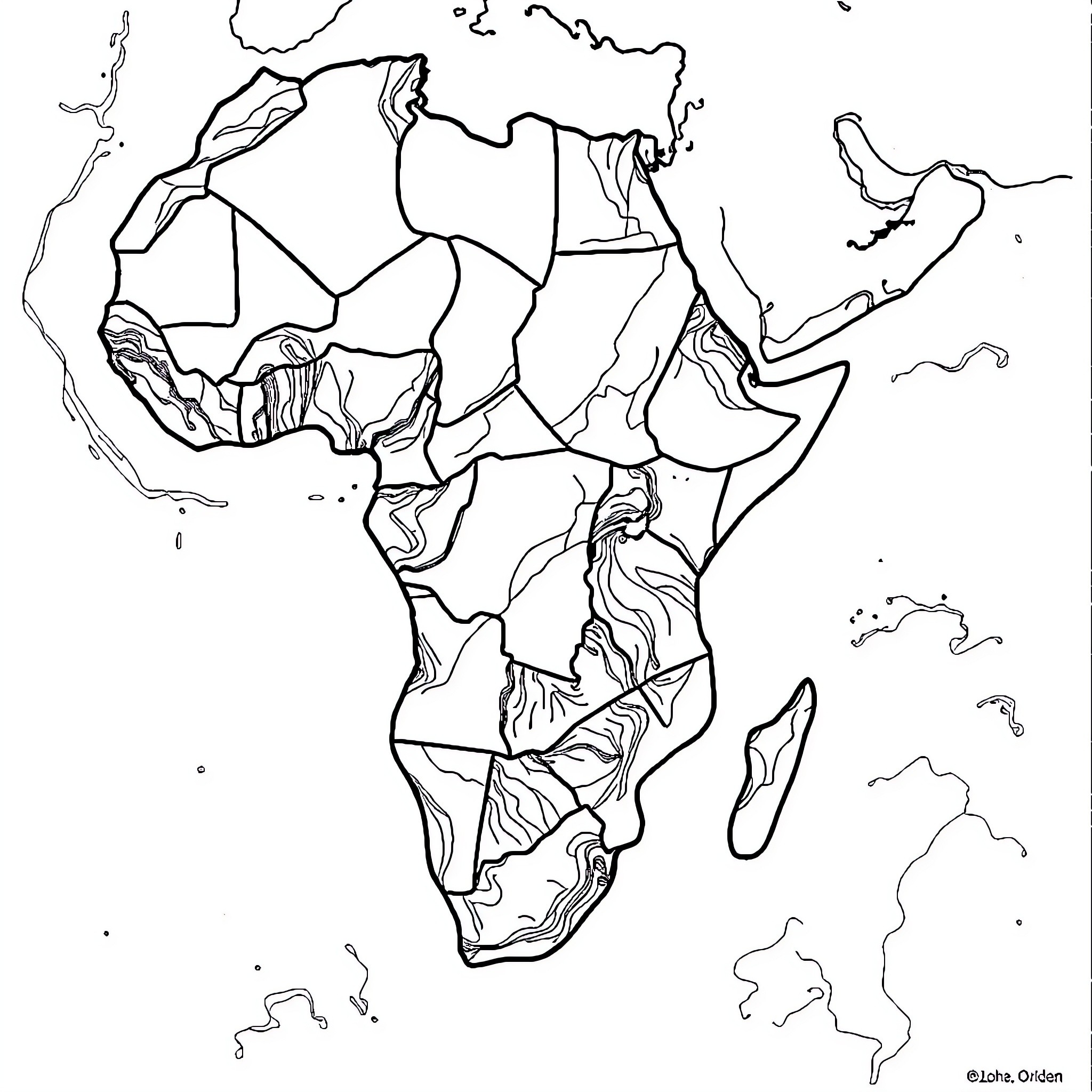 Africa's abstract geographical landscape Coloring Page (free black-and-white line drawing printable PDF for all, from beginners to advanced learners, including children, teens, adults, and seniors)