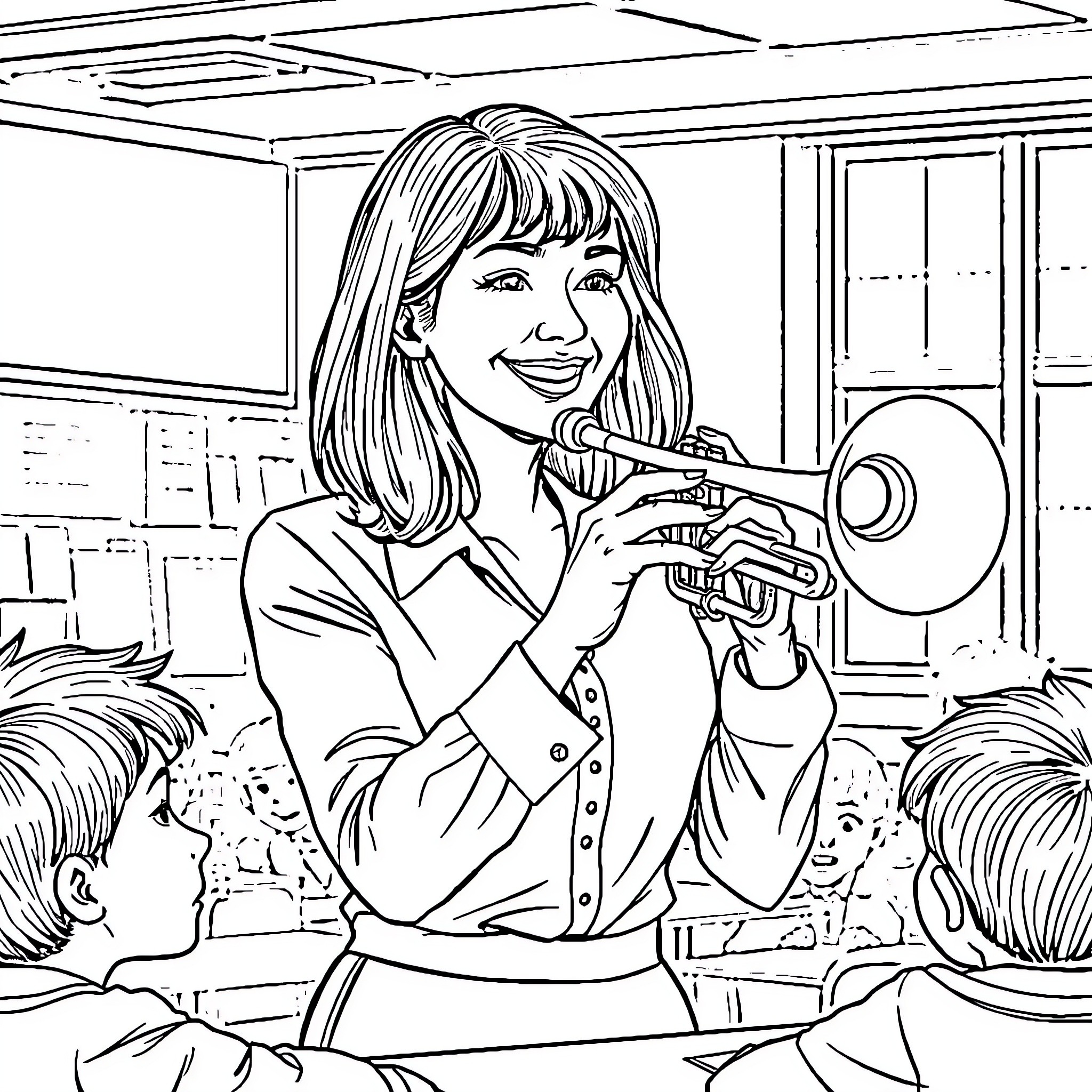 Teacher playing trumpet for students in classroom Coloring Page (free black-and-white line drawing printable PDF for all, from beginners to advanced learners, including children, teens, adults, and seniors)