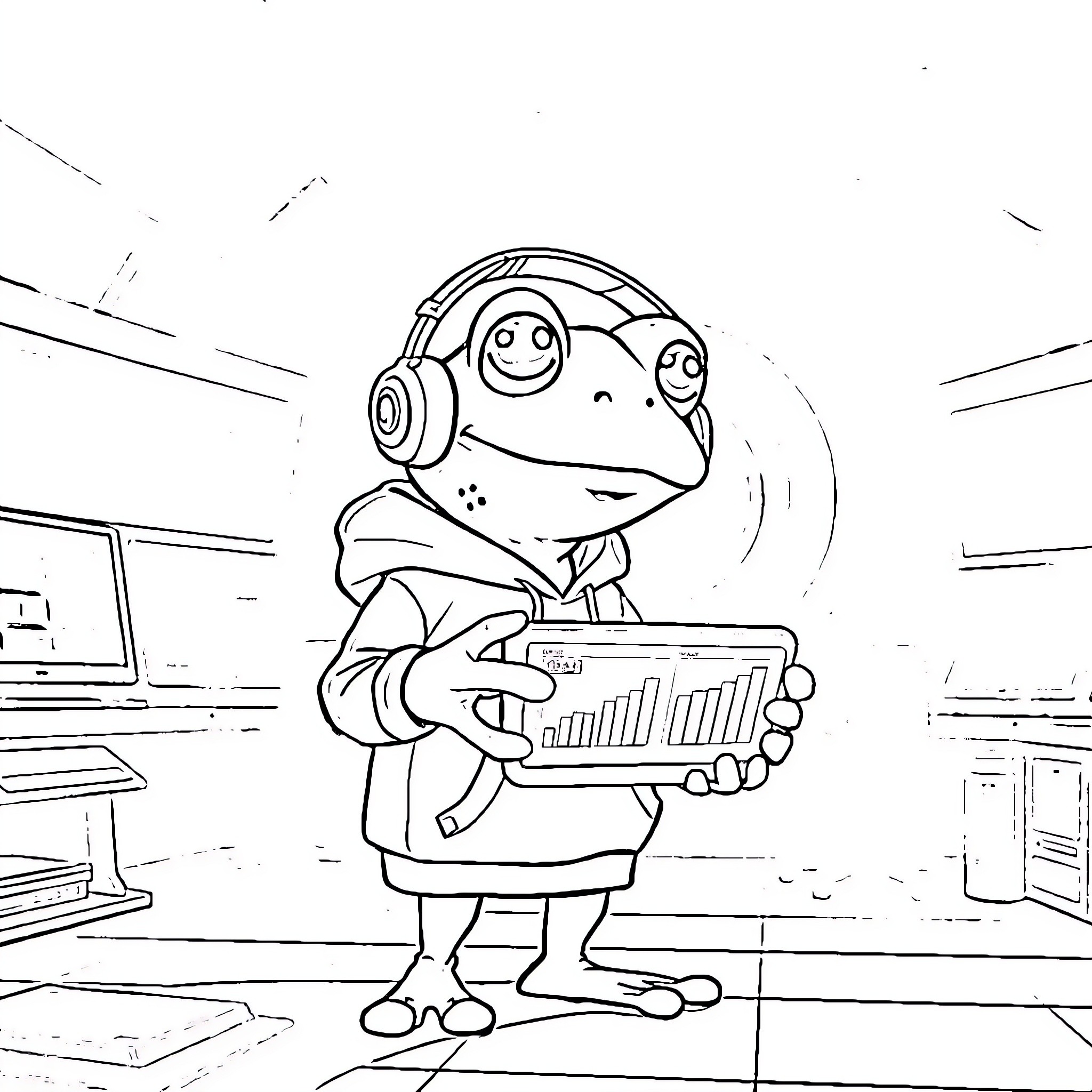 Pepe the gamer frog enjoying video games Coloring Page (free black-and-white line drawing printable PDF for all, from beginners to advanced learners, including children, teens, adults, and seniors)