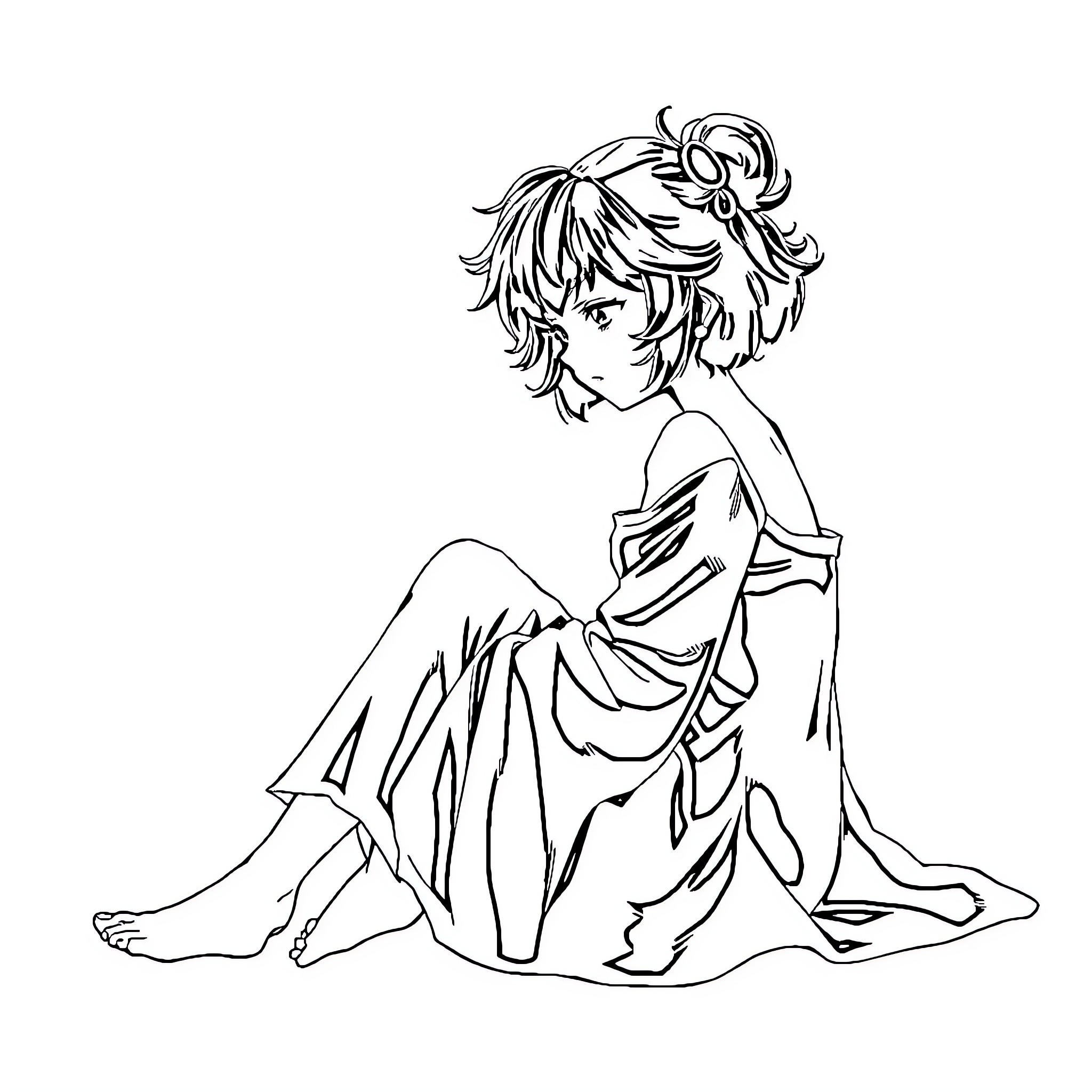 Tatsumaki in thoughtful repose Coloring Page (free black-and-white line drawing printable PDF for all, from beginners to advanced learners, including children, teens, adults, and seniors)