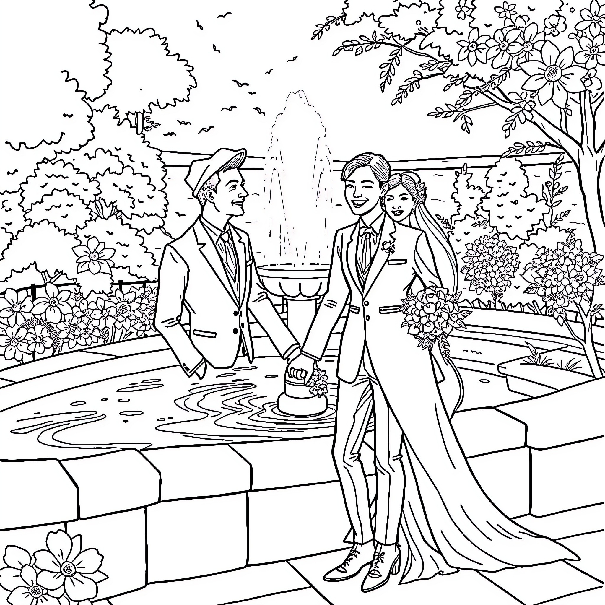 Couple strolling through a formal garden Coloring Page (free black-and-white line drawing printable PDF for all, from beginners to advanced learners, including children, teens, adults, and seniors)