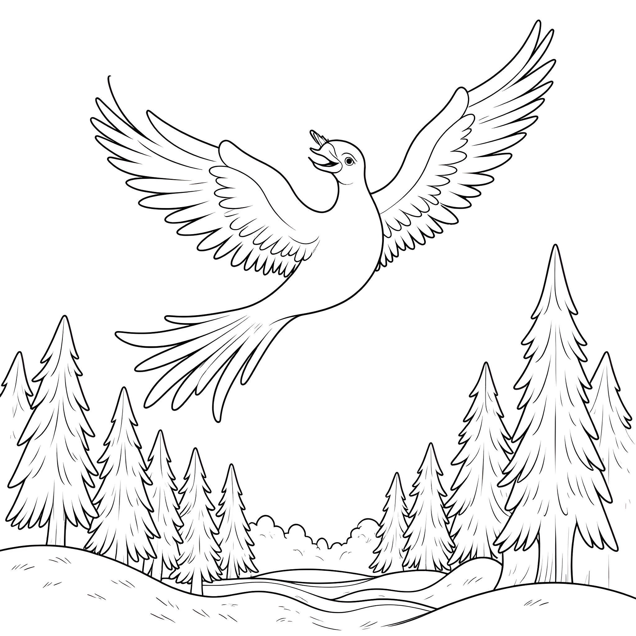 Phoenix soaring gracefully over the forest Coloring Page (free black-and-white line drawing printable PDF for all, from beginners to advanced learners, including children, teens, adults, and seniors)