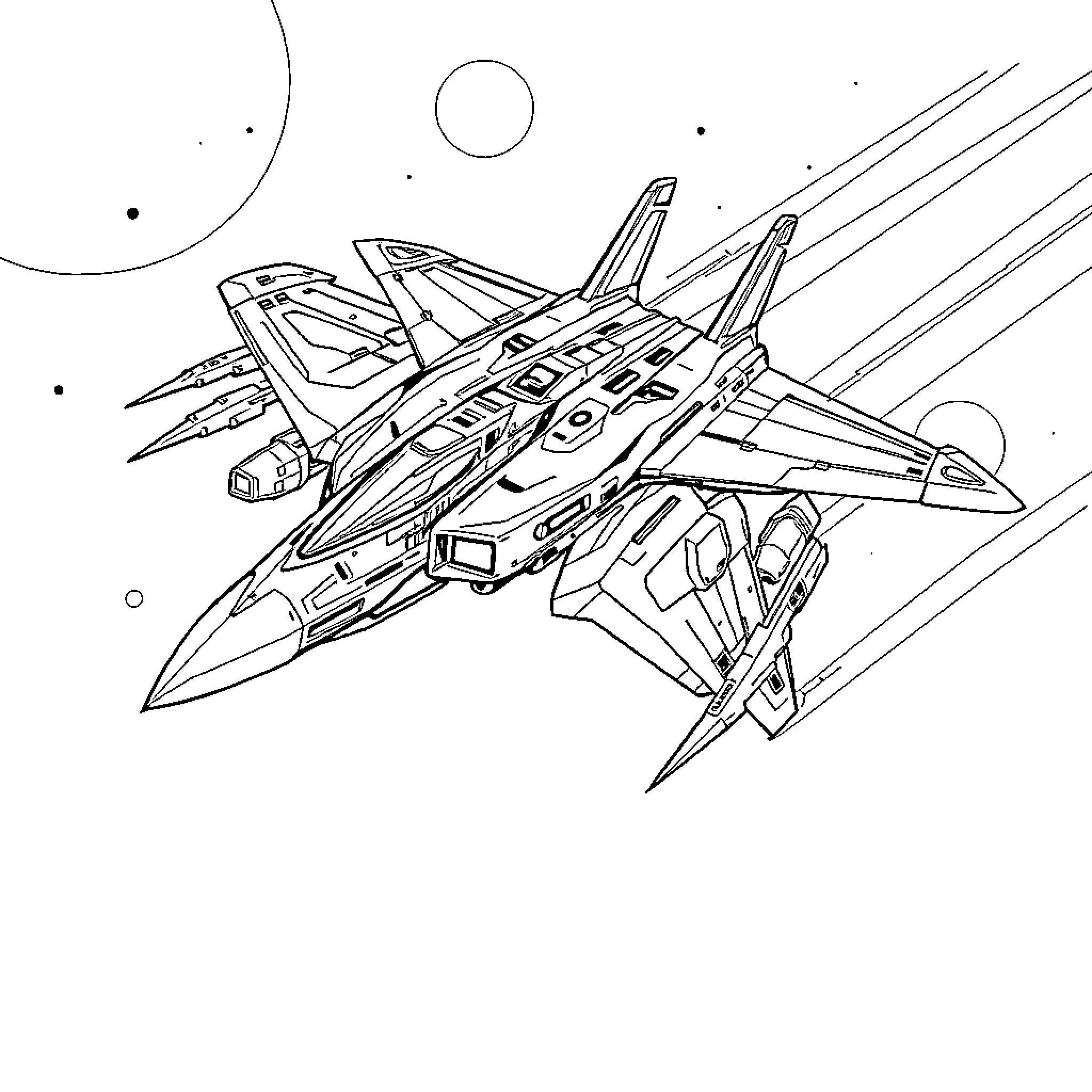 Veritech fighter craft in space combat Coloring Page (free black-and-white line drawing printable PDF for all, from beginners to advanced learners, including children, teens, adults, and seniors)