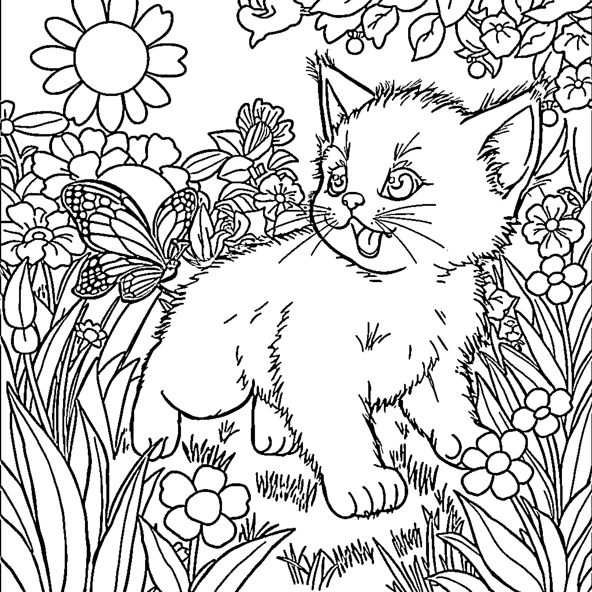 Kitten in a Floral Garden Coloring Page (free black-and-white line drawing printable PDF for all, from beginners to advanced learners, including children, teens, adults, and seniors)