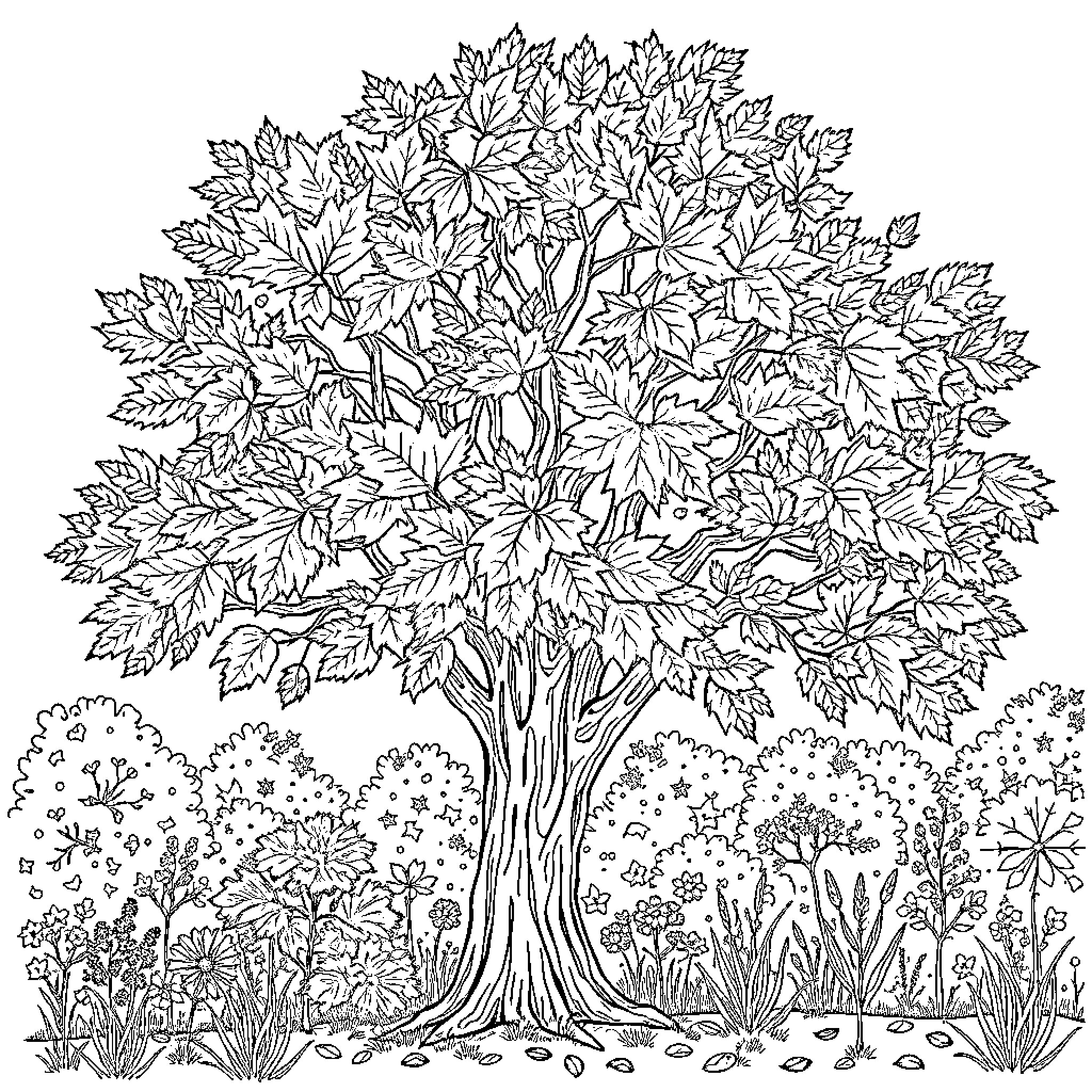 Tree with intricate leaf patterns in a floral landscape Coloring Page (free black-and-white line drawing printable PDF for all, from beginners to advanced learners, including children, teens, adults, and seniors)