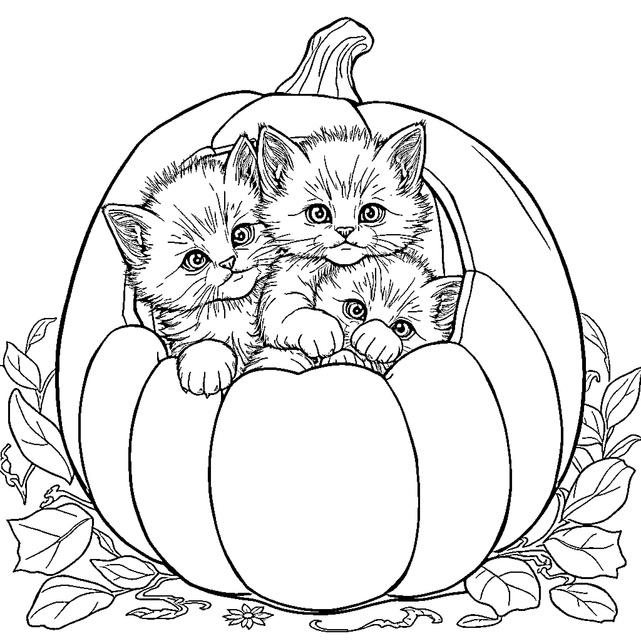 Kitten peeking out from pumpkin Coloring Page (free black-and-white line drawing printable PDF for all, from beginners to advanced learners, including children, teens, adults, and seniors)
